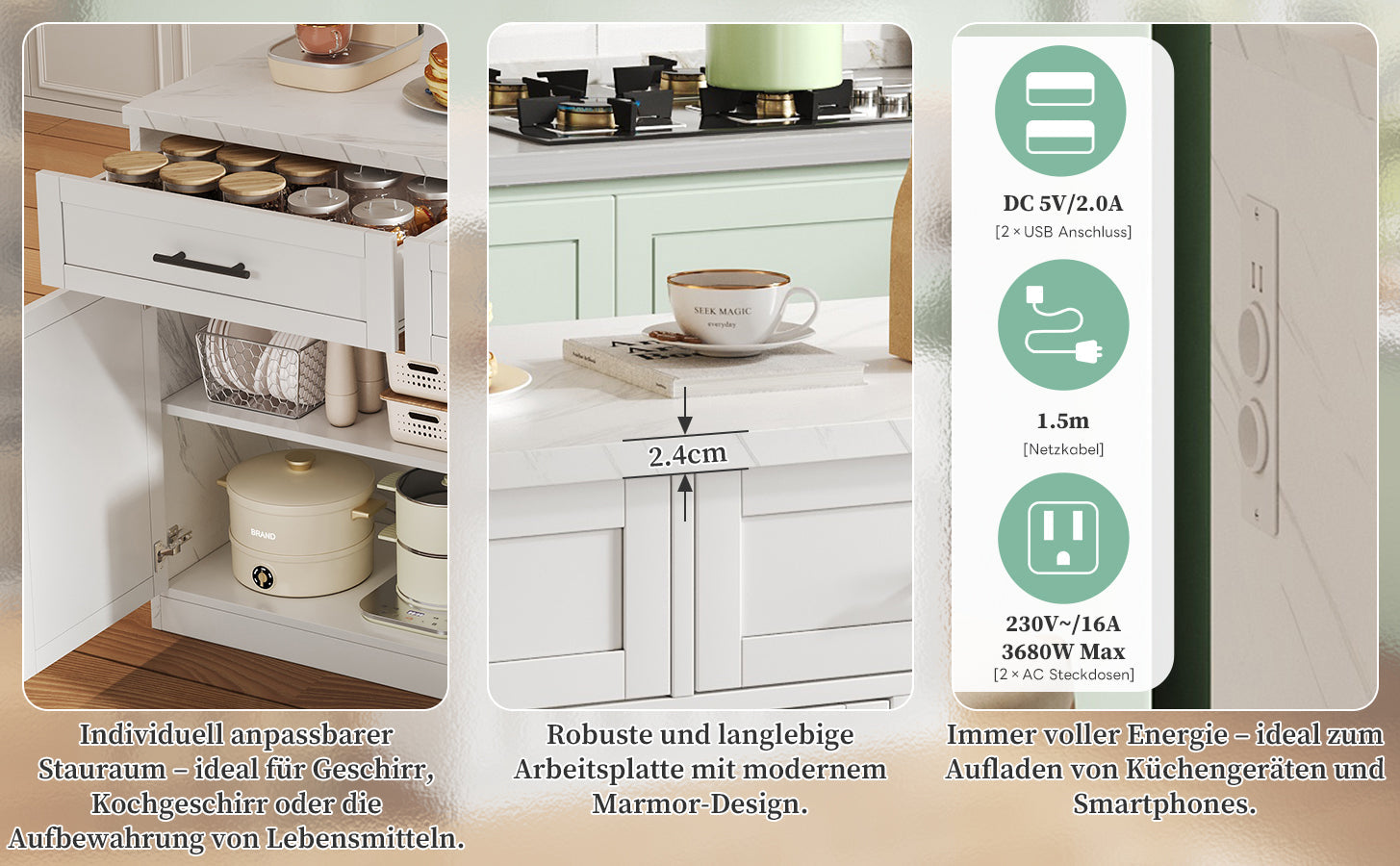Logidon keukeneiland 120x60x91 cm met USB-aansluitingen wit