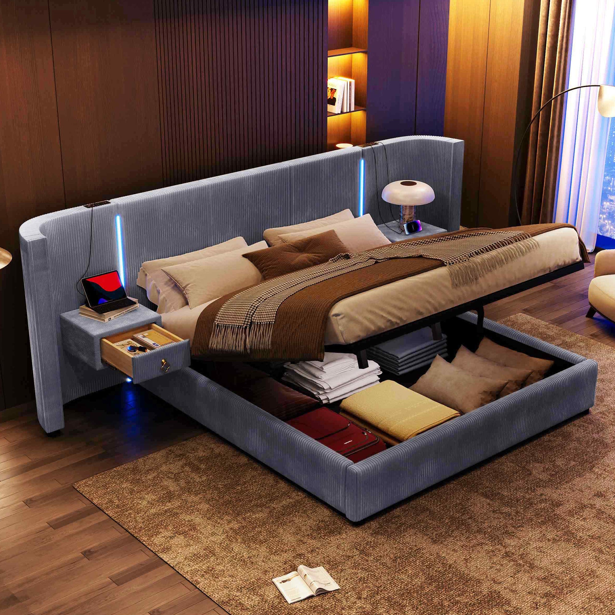 Logidon upholstered bed 180x200 cm gray velvet with LED strip storage space