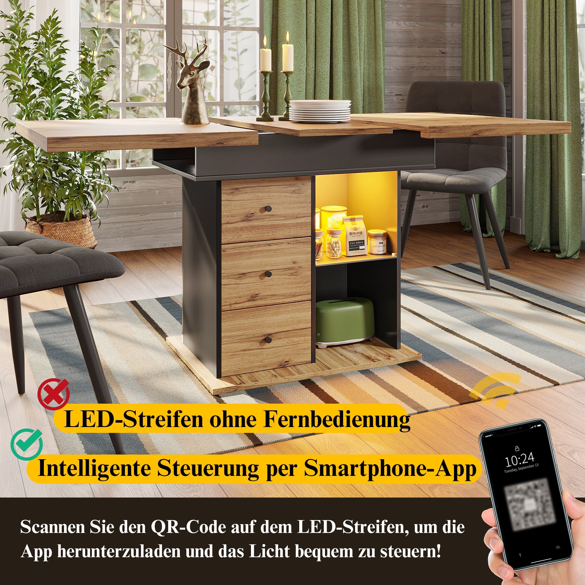 Logidon eettafel telescopisch uitschuifbaar 110-140×80 cm met LED verlichting