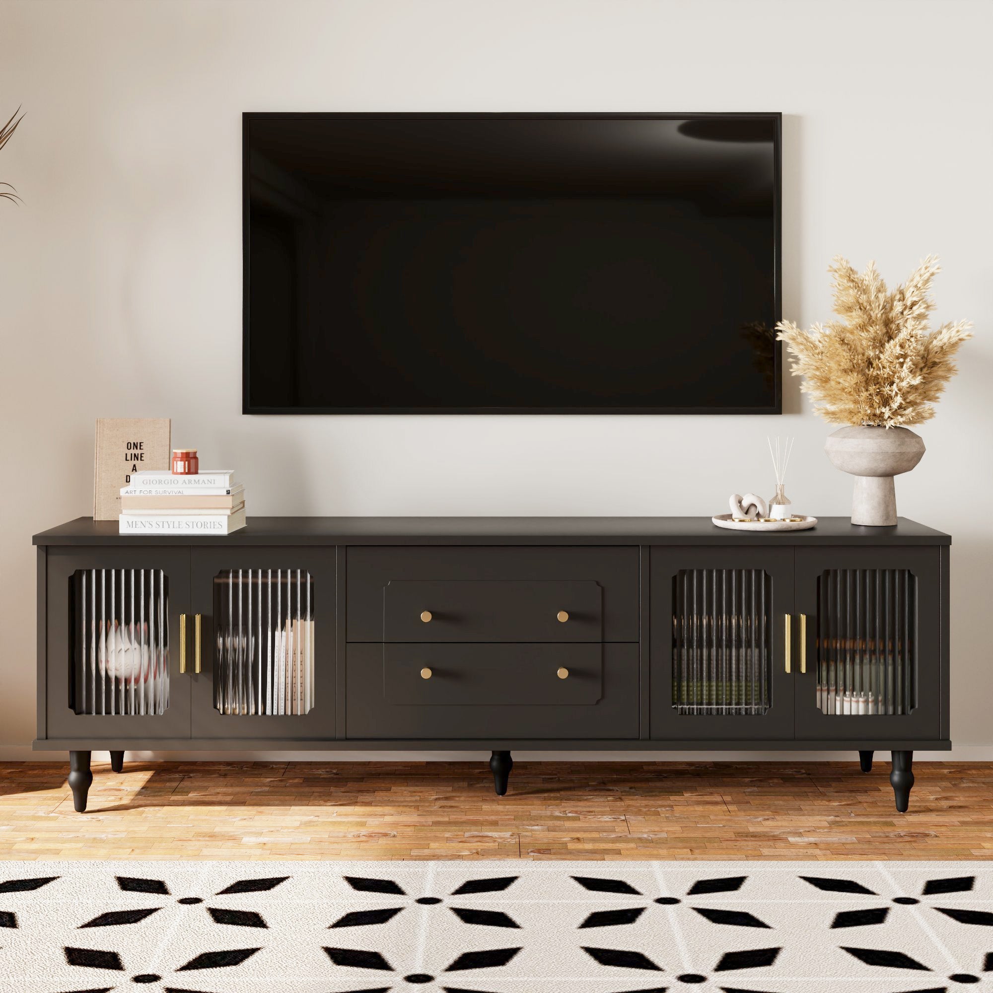 Logidon Lowboard Black with Golden Handles and Glass Doors