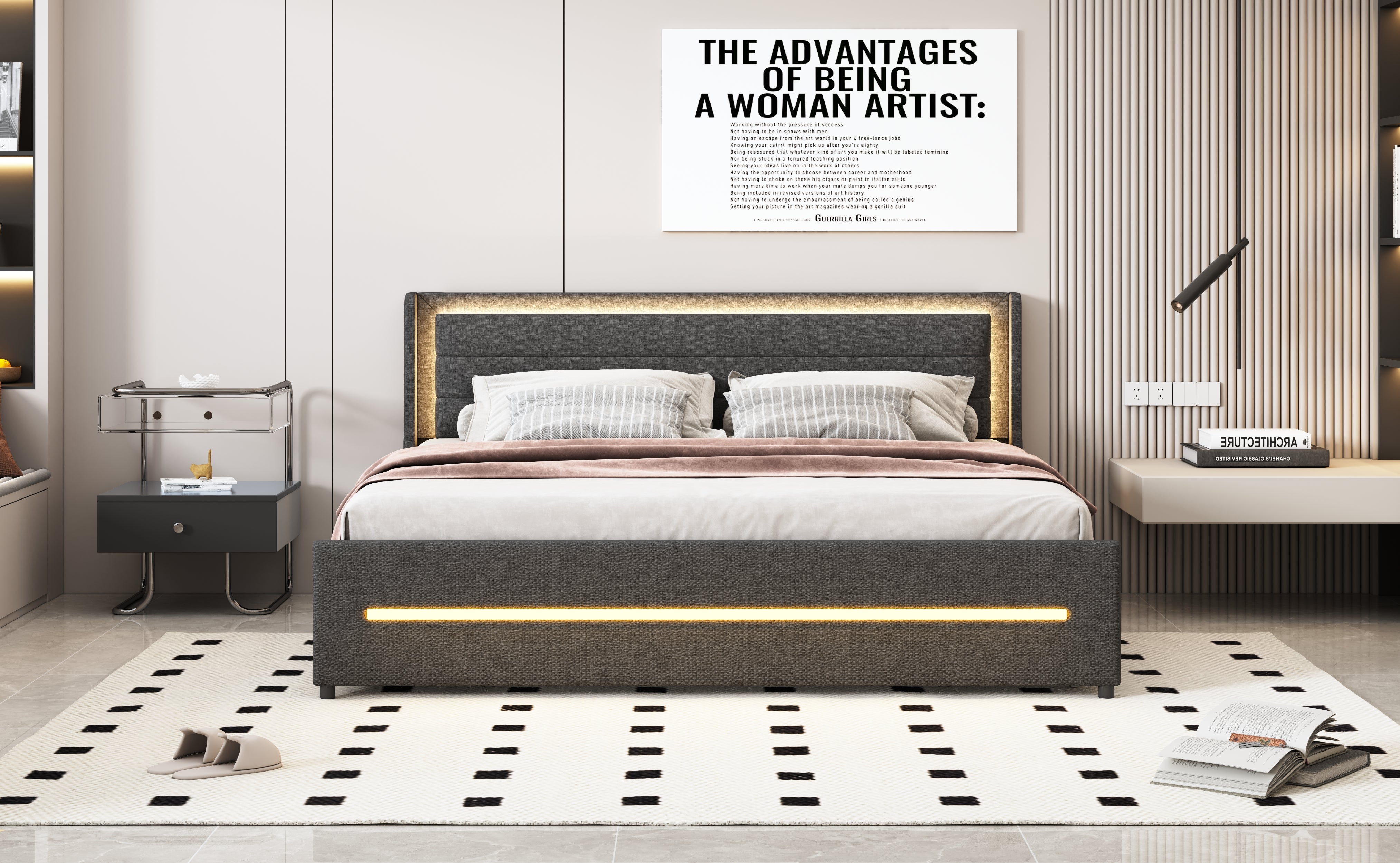 Logidon gestoffeerd bed 180x200 met LED verlichting en 4 opbergvakken grijs