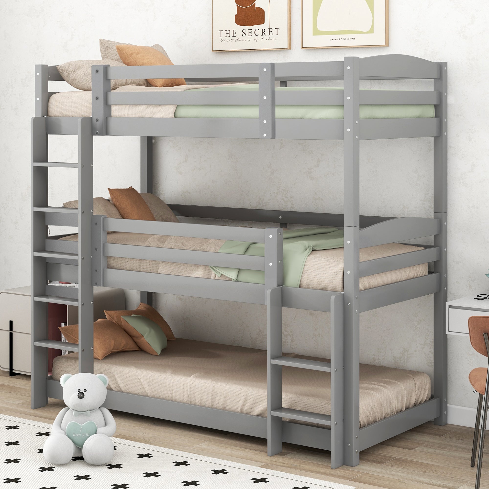 Logidon stapelbed 90x200 grijs hout driepersoonsbed kinderen