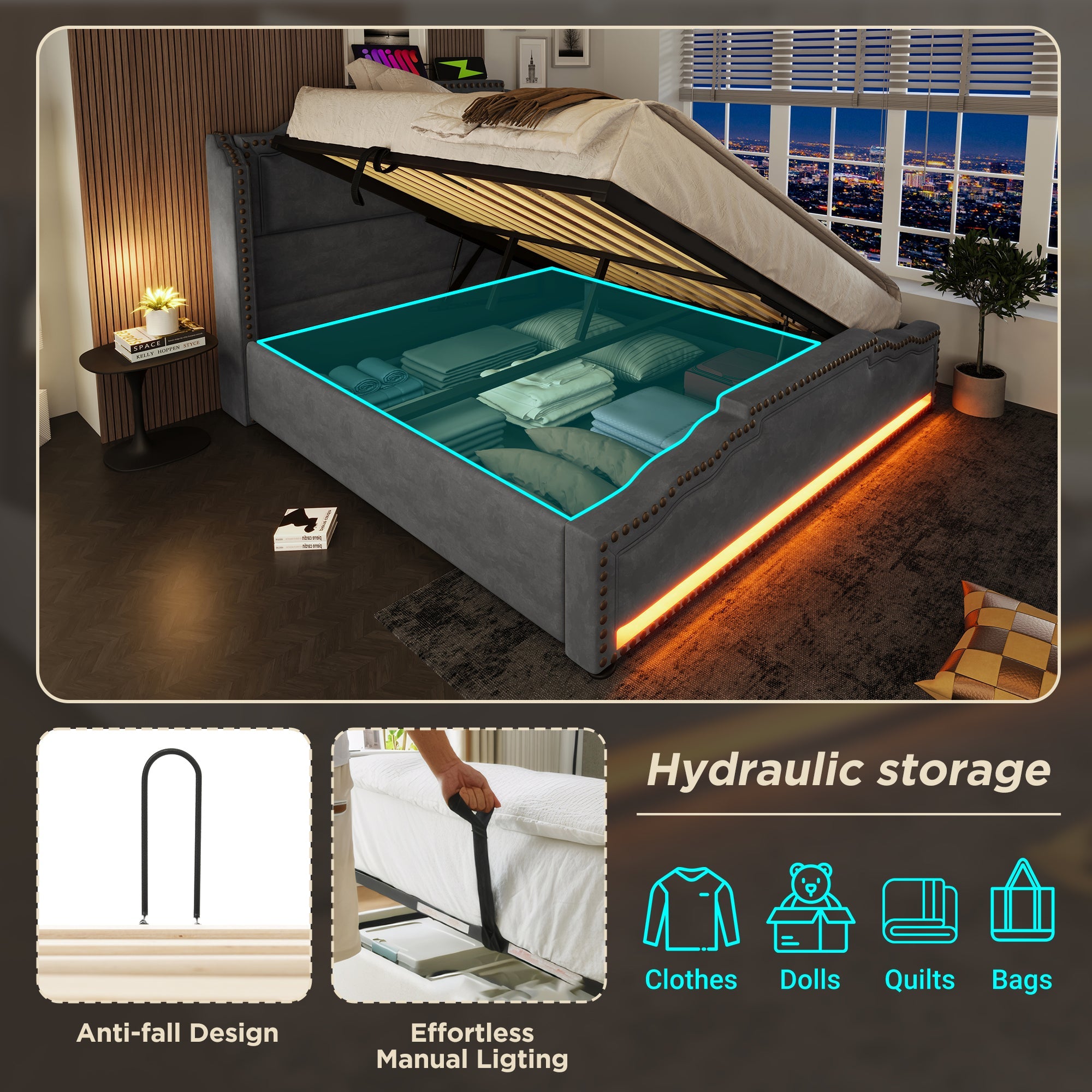 Logidon gestoffeerd bed 160x200 grijs fluweel met opbergruimte LED USB C