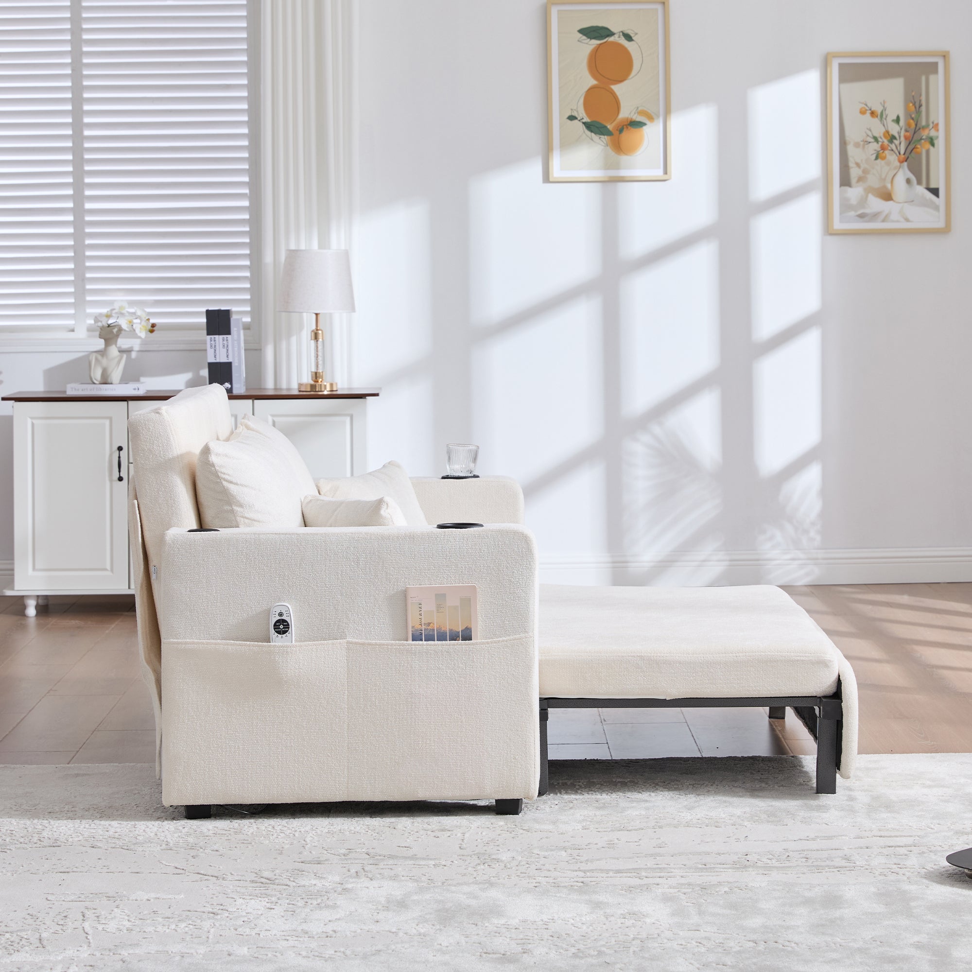 Logidon Beige Fluweel Multifunctionele Stoffen Bank Uitschuifbaar USB