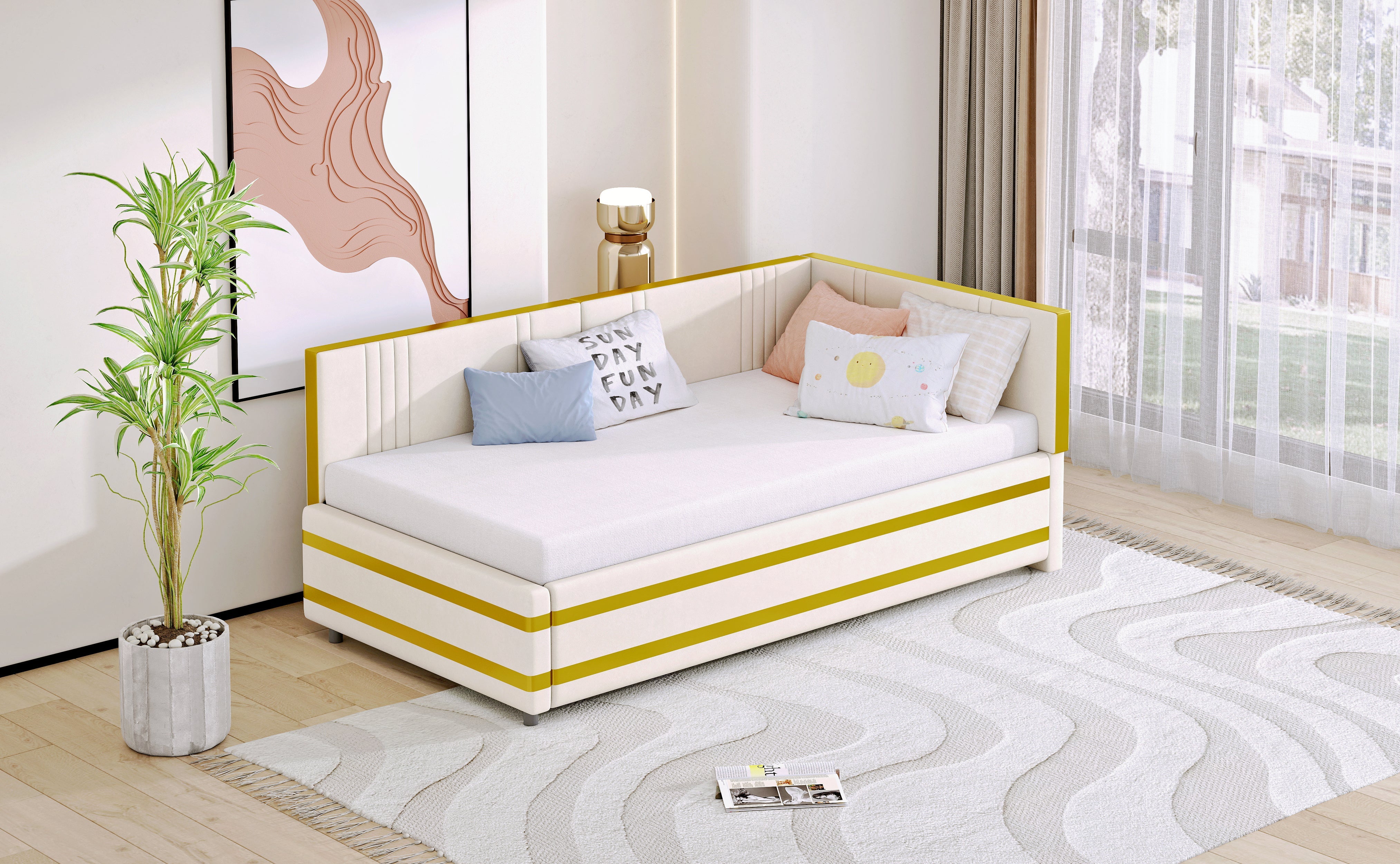 Logidon gestoffeerd bed 90x200 beige met lattenbodem multifunctioneel bed