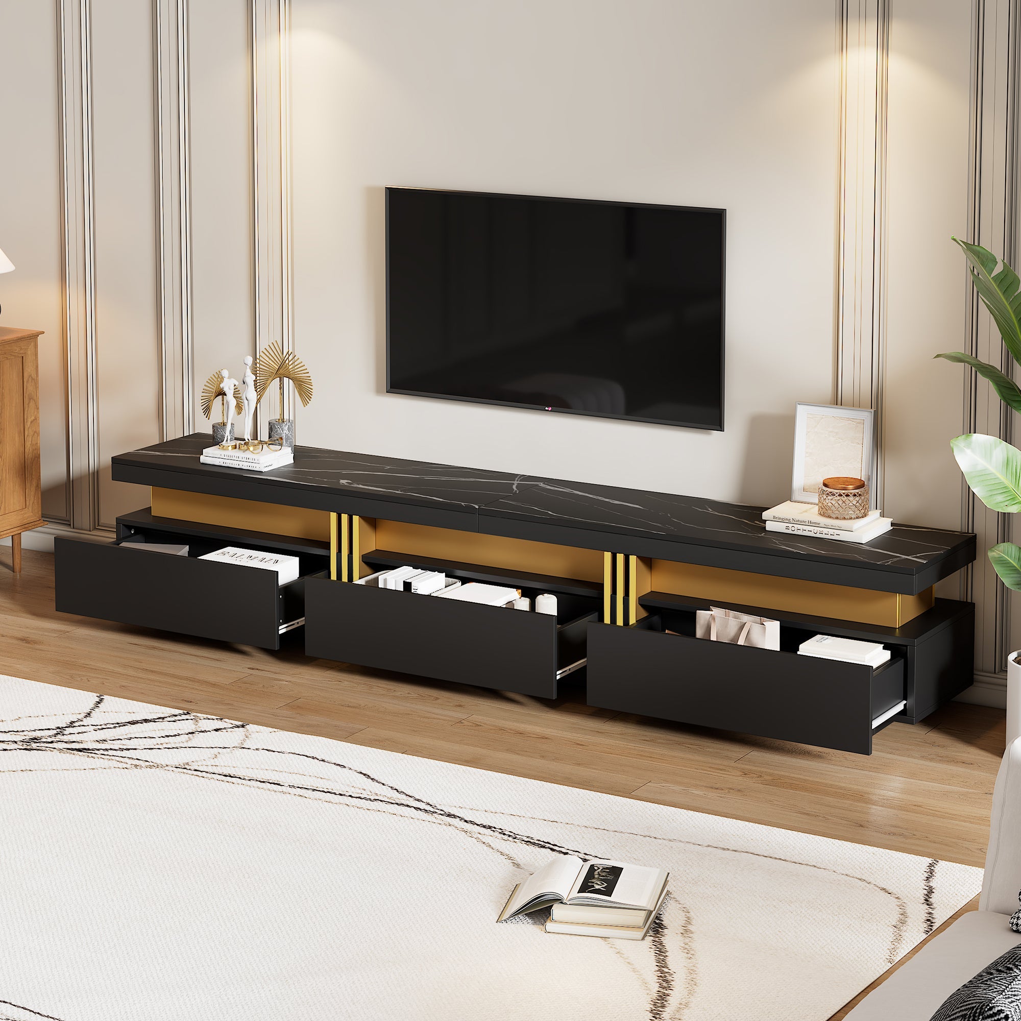 Logidon Zwarte tv-wandmeubelset 2 tv-kast salontafel marmerlook