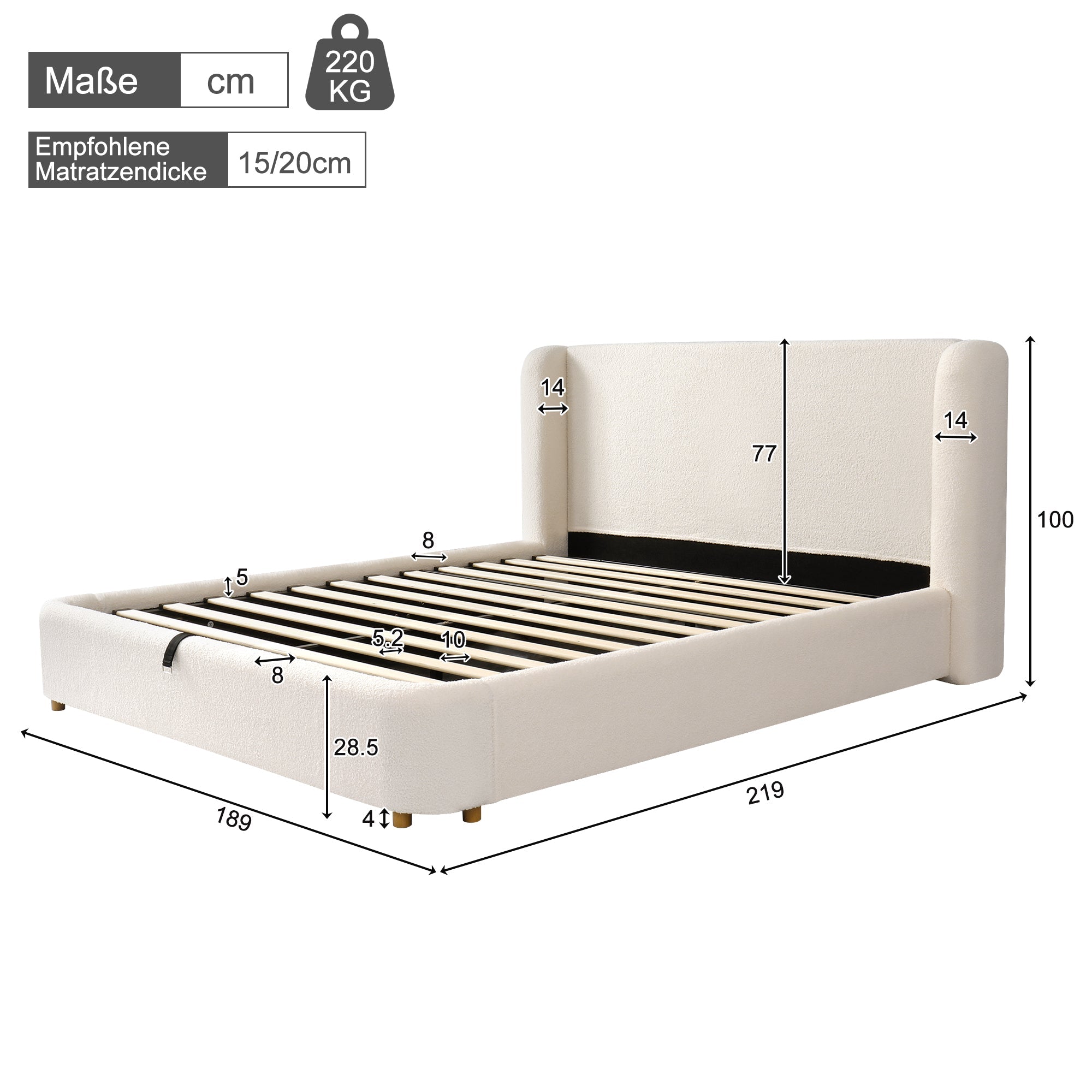 Logidon gestoffeerd bed tweepersoonsbed 160x200 beige bouclé met opbergruimte