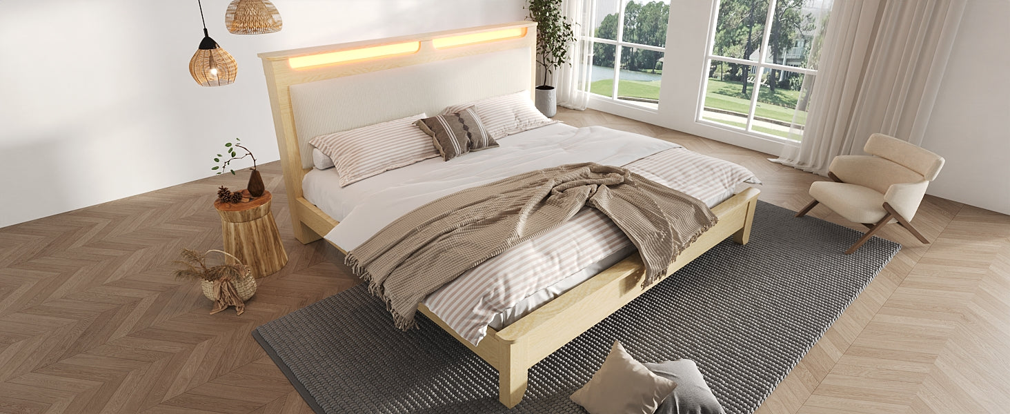 Logidon double bed 140x200 cm beige LED lighting headboard storage space