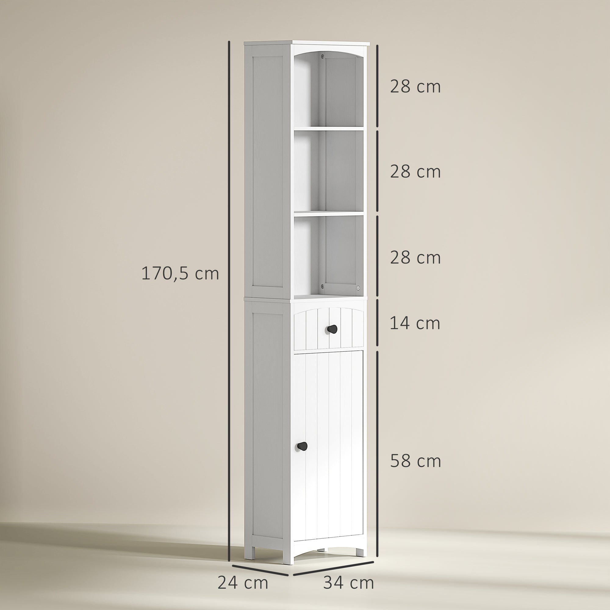 Logidon tall bathroom cabinet white 3 shelves, 1 drawer 34x24x170.5 cm