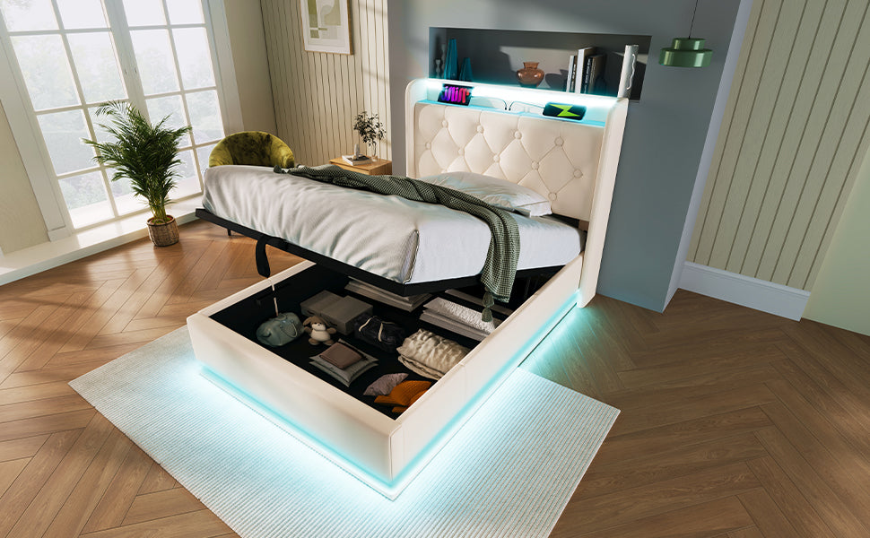 Logidon gestoffeerd bed eenpersoons 90x200 cm wit PU 360 SurroundLED USB C oplaadfunctie