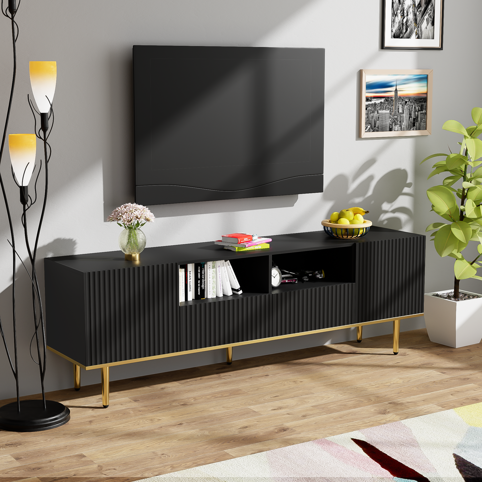 Logidon Modern TV-meubel 165 cm Zwart met Gouden Voeten en Rand