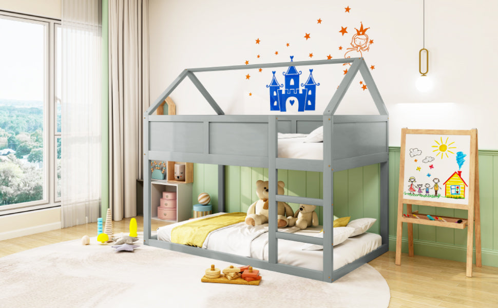 Logidon laag kinderbed 90x200 grijs met trap massief hout