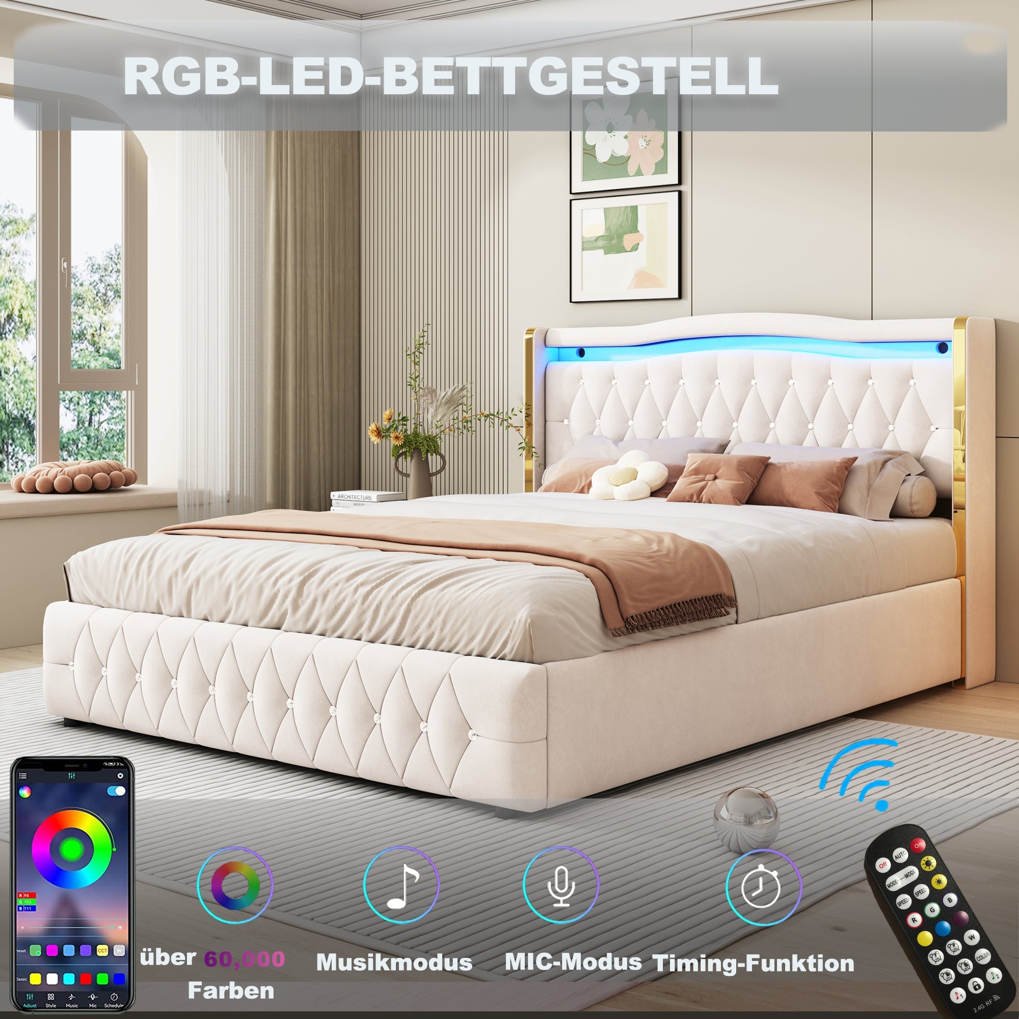 Logidon gestoffeerd bed 140x200 beige fluweel LED-verlichting hydraulisch