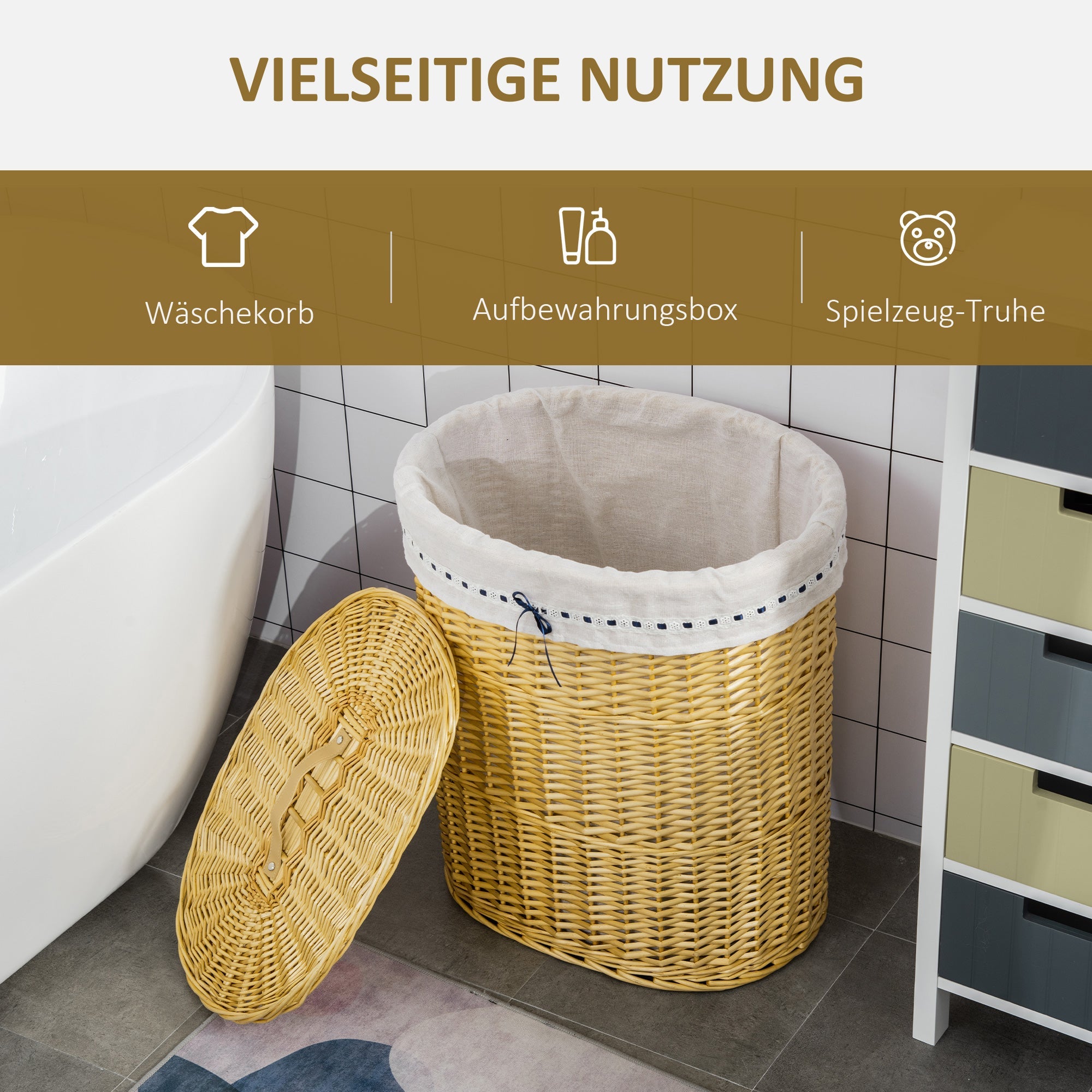 Logidon wasmand met deksel van riet 100 L naturel 51x38x57cm