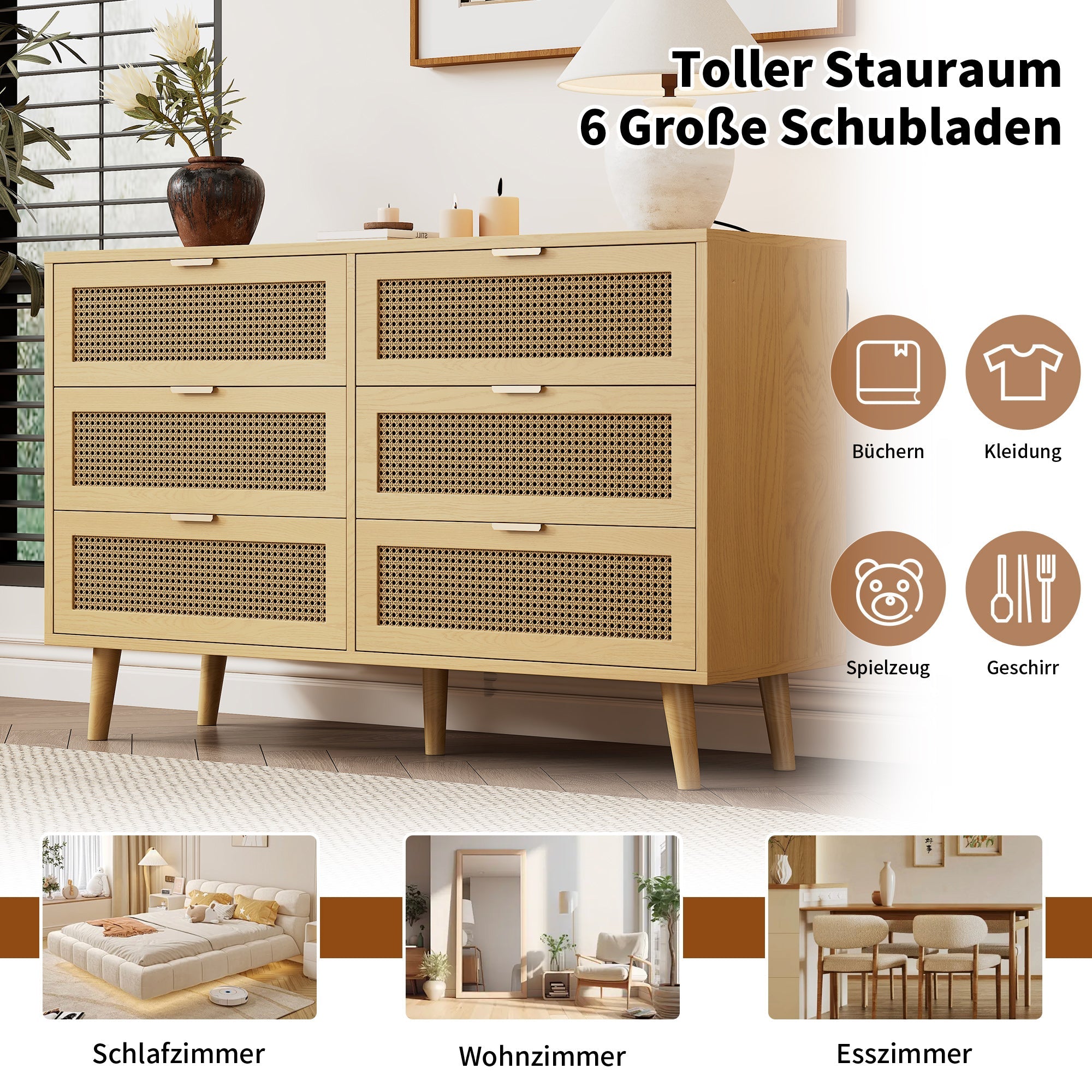 Logidon Ladekast 6 Laden Eiken Dressoir B120 H76,5 D40 Cm