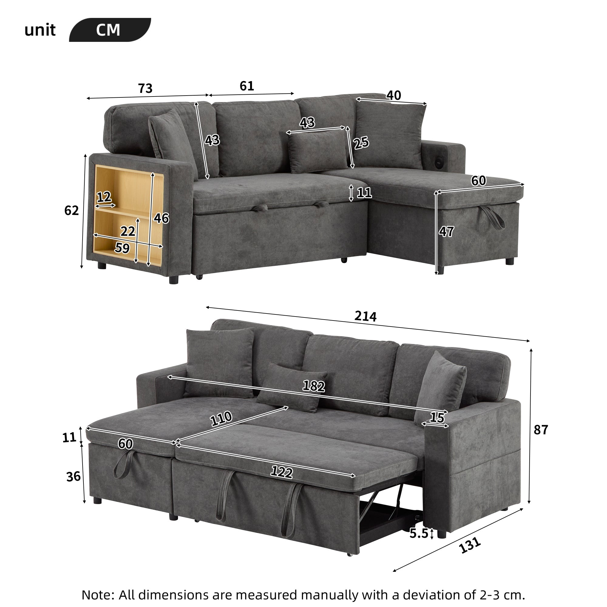 Logidon Corner Sofa Gray Extendable Bed With Bed Box Shelf 214x131