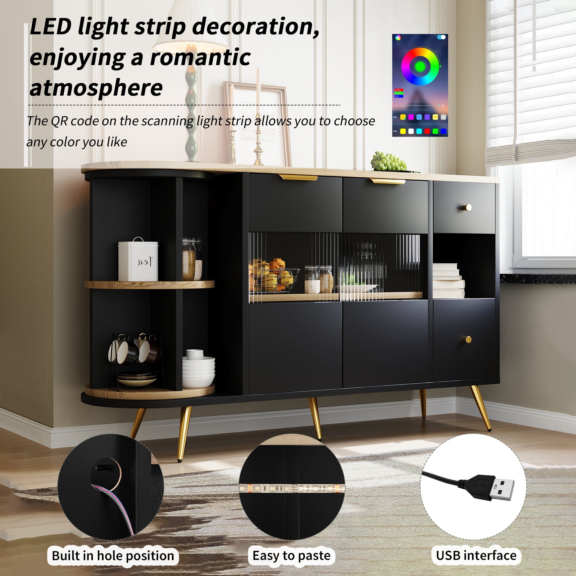 Logidon buffetkast 130x40x80 cm zwart met glazen schuifdeuren LED verlichting