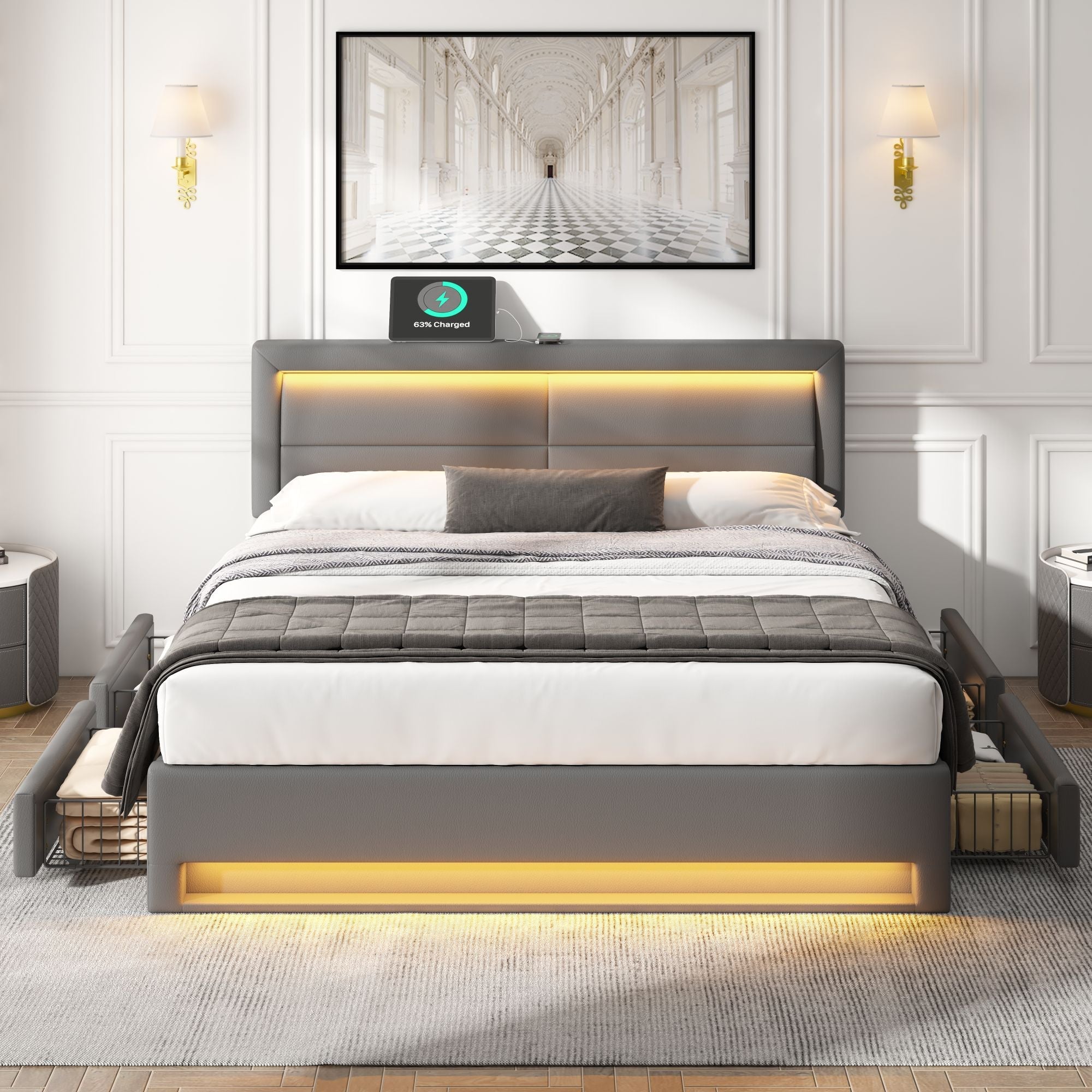 Logidon gestoffeerd bed 140x200 grijs met USB oplaadpoort LED verlichting 4 lades