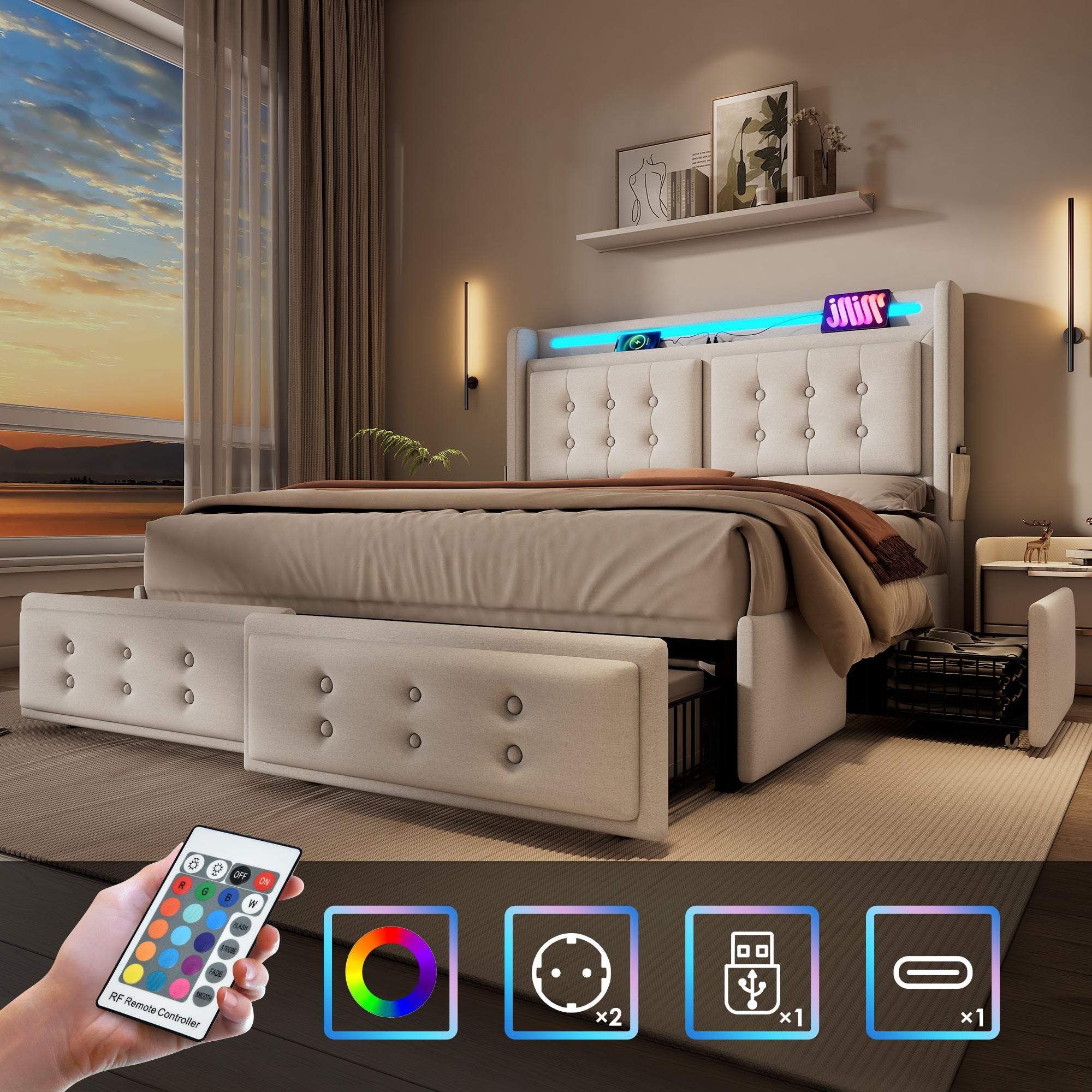 Logidon gestoffeerd bed 160x200 beige LED-hoofdbord USB-C oplaadfunctie