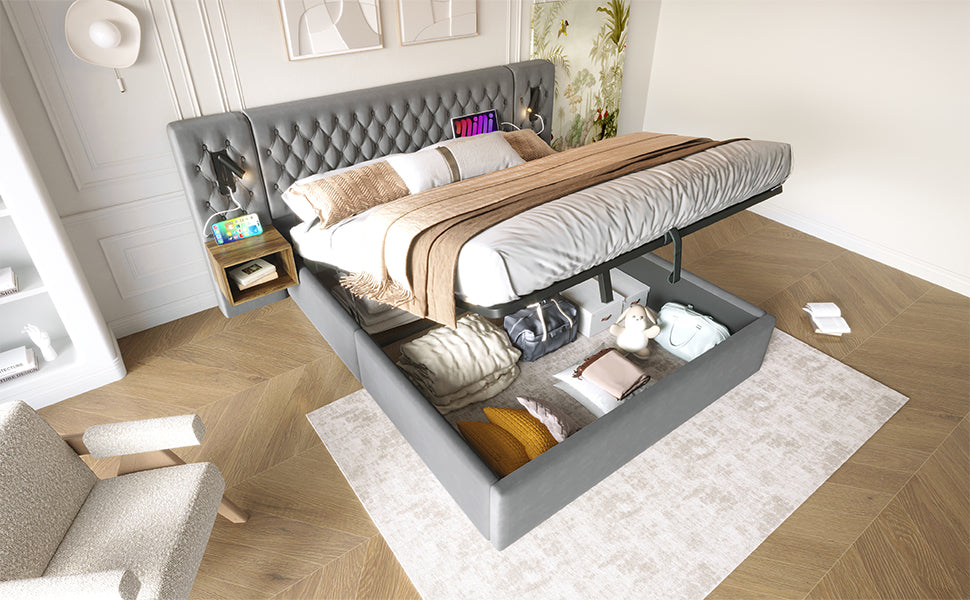 Logidon bed system hydraulic storage bed 160x200 cm gray velvet