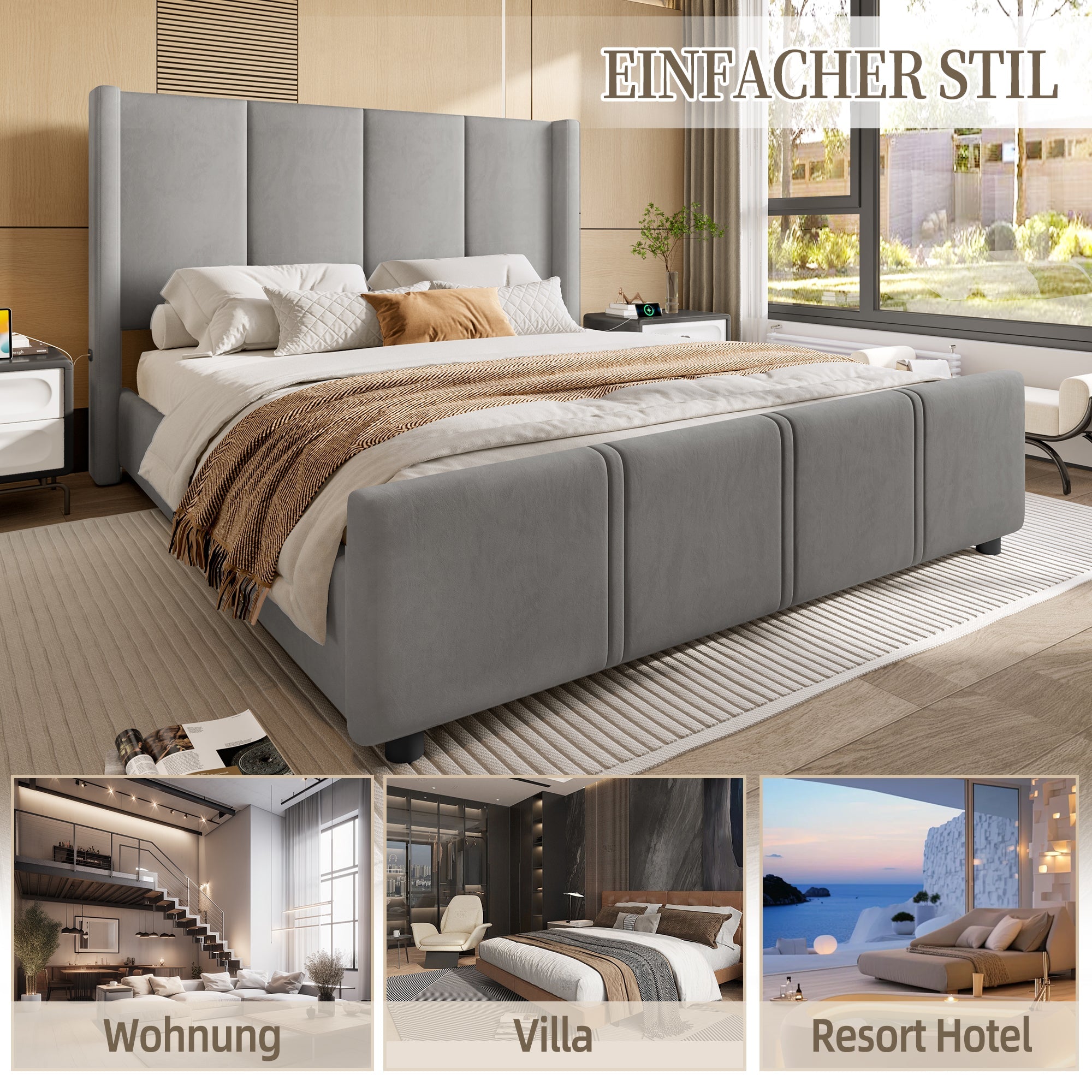 Logidon gestoffeerd bedframe 140x200 cm grijs met USB aansluiting