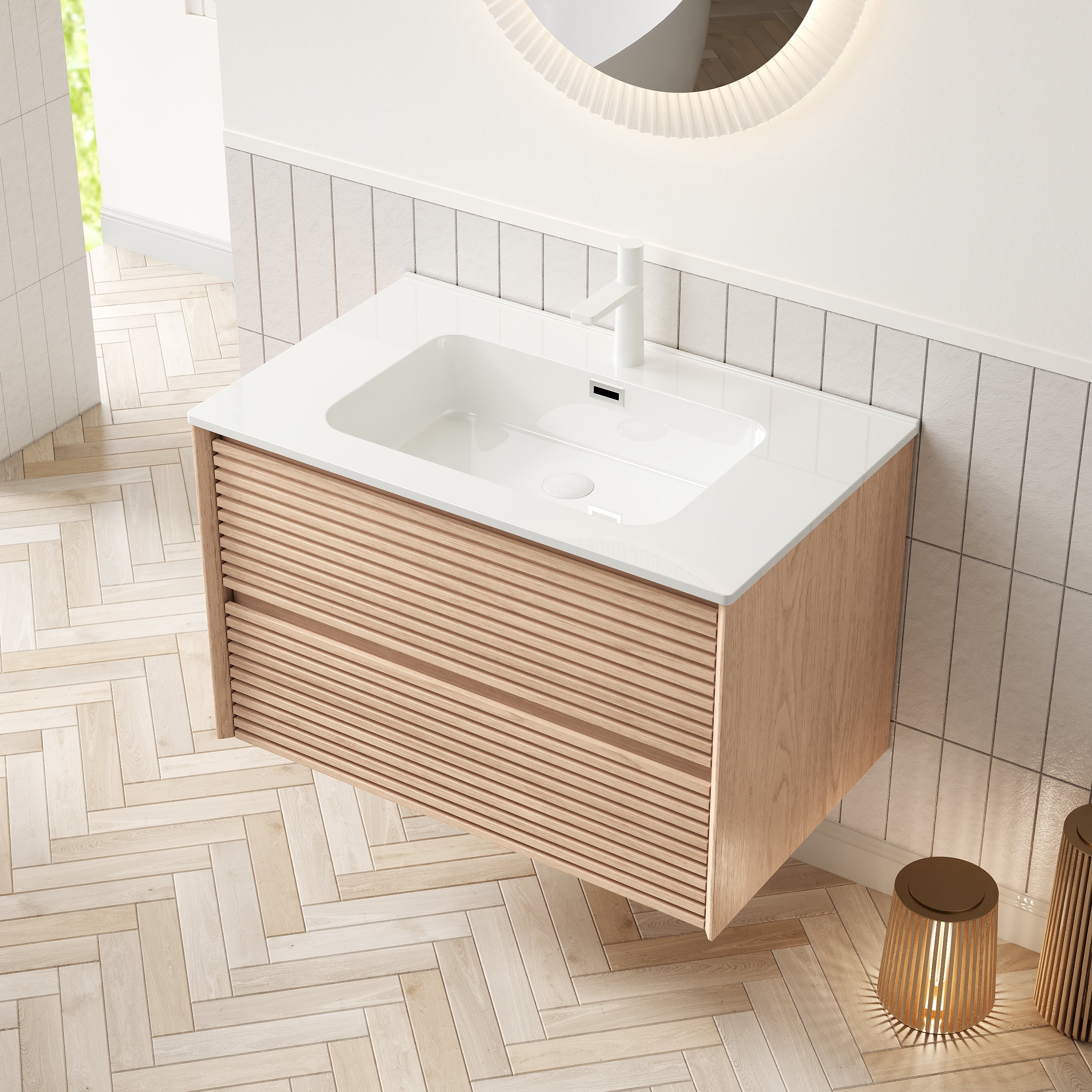 Logidon 81 cm wall-mounted washbasin with white ceramic base walnut