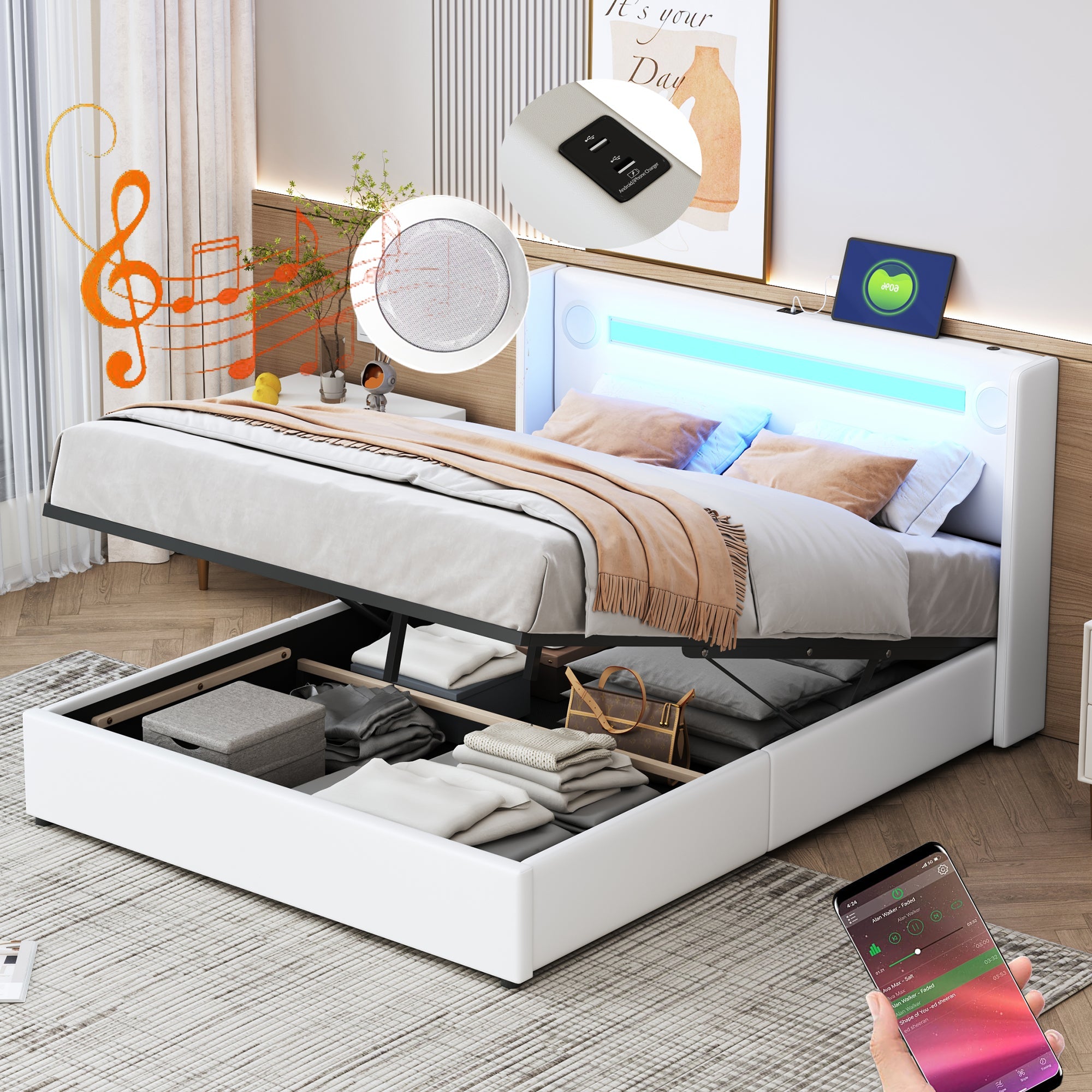 Logidon gestoffeerd bed 140x200 wit LED-licht USB Bluetooth opbergruimte