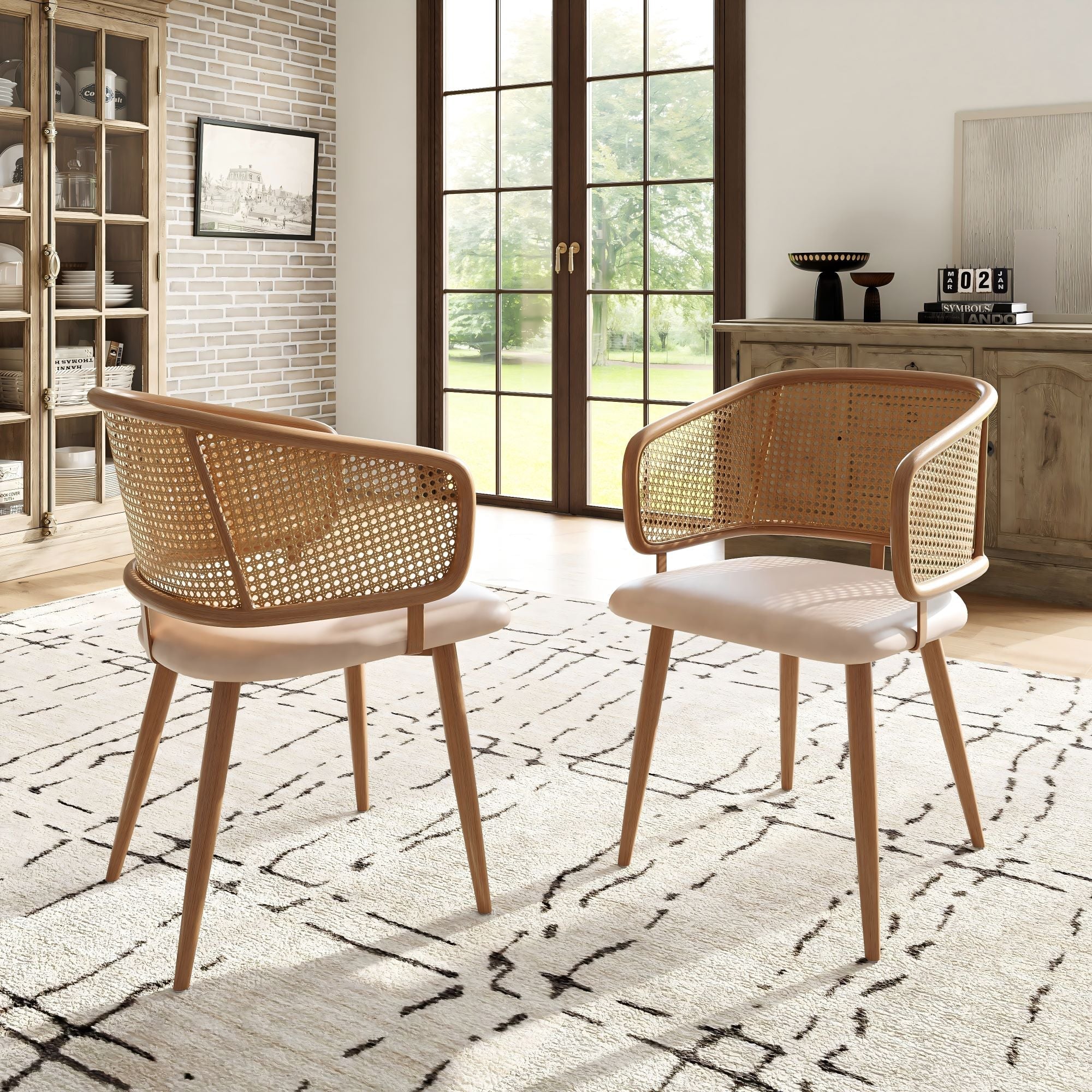 Logidon Stoelenset 6 Rotan Rugleuning PU-leer Zitkussen Beige