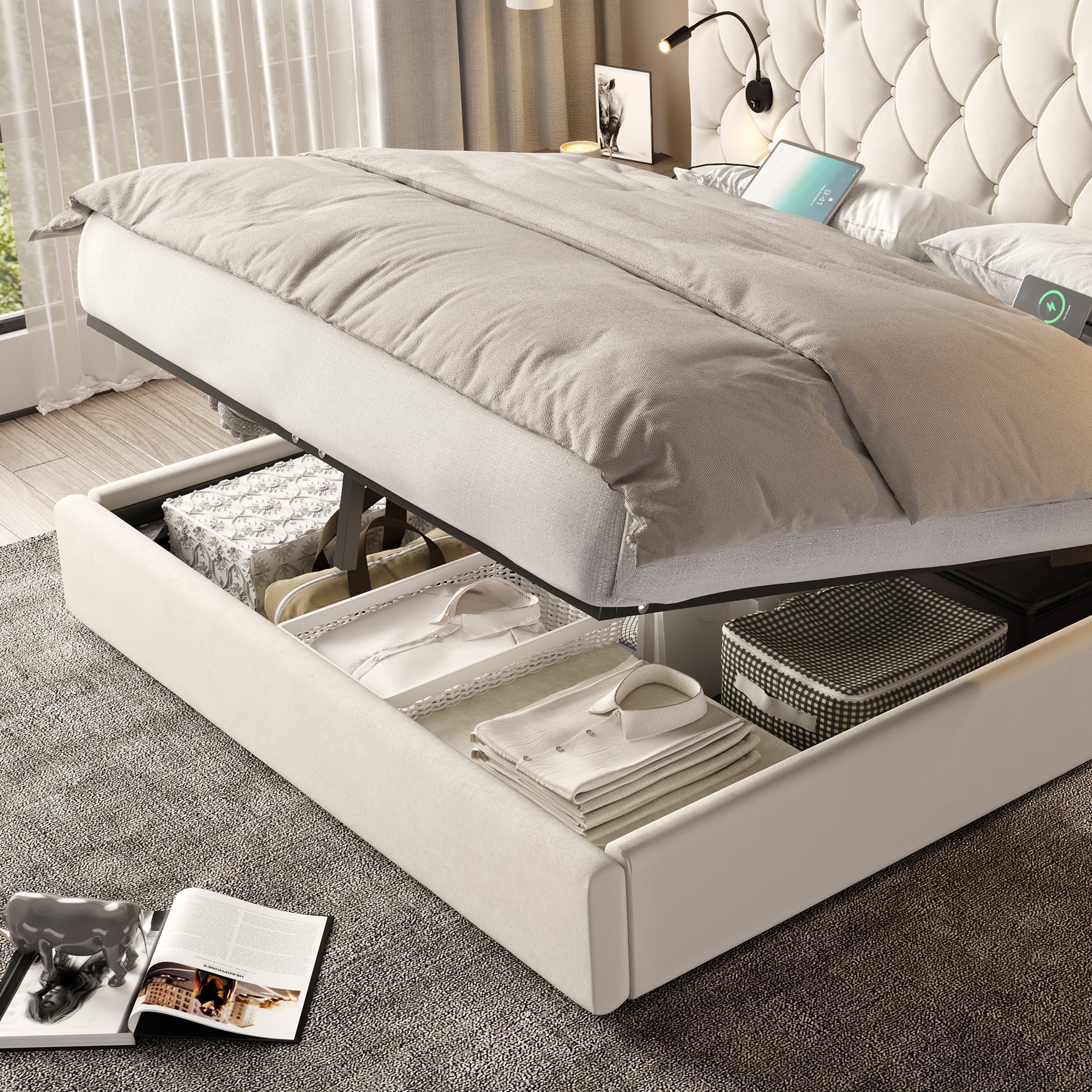 Logidon bedframe beige fluweel met lang hoofdeinde en USB-poorten