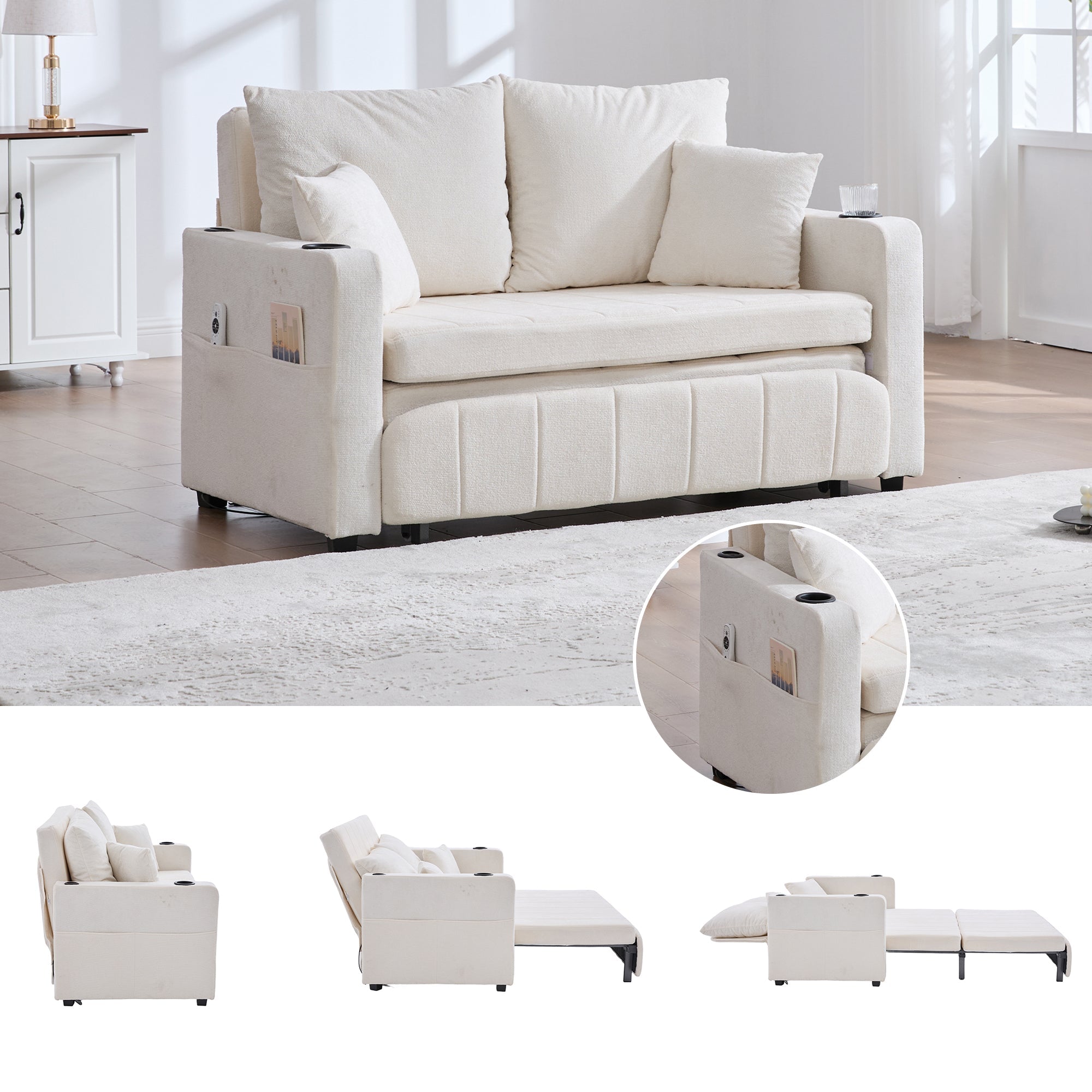 Logidon Beige Fluweel Multifunctionele Stoffen Bank Uitschuifbaar USB