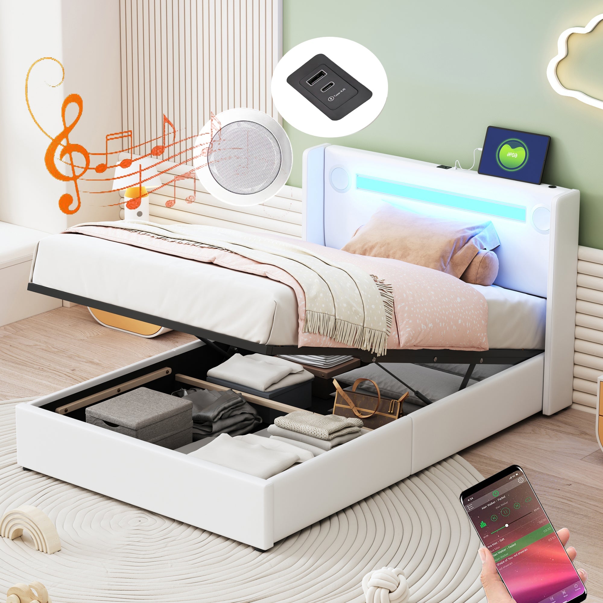 Logidon gestoffeerd bed 90x200 hoogslaper met LED lichtstrip USB wit