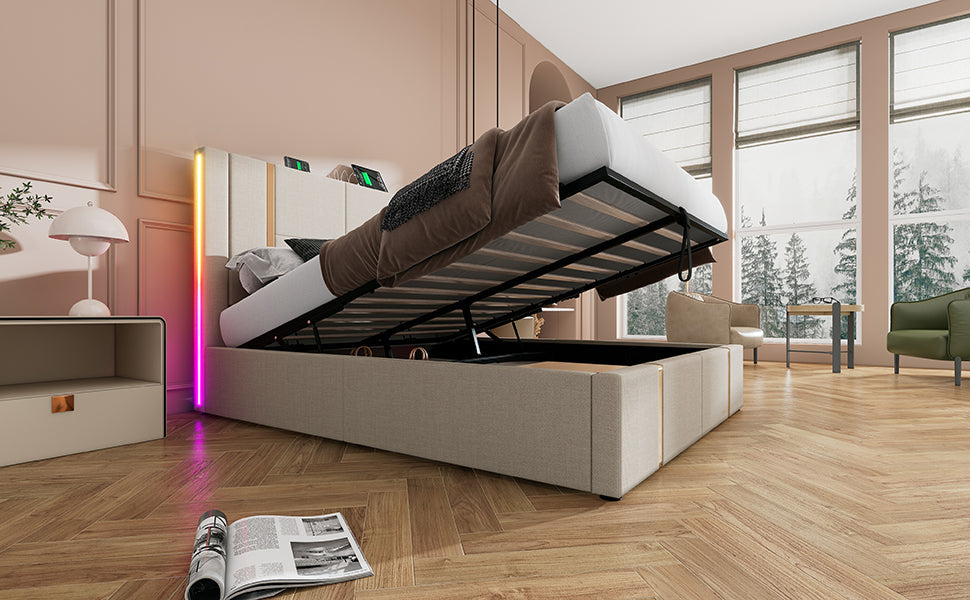 Logidon upholstered bed 160x200 USB C charging function APP control LED beige linen
