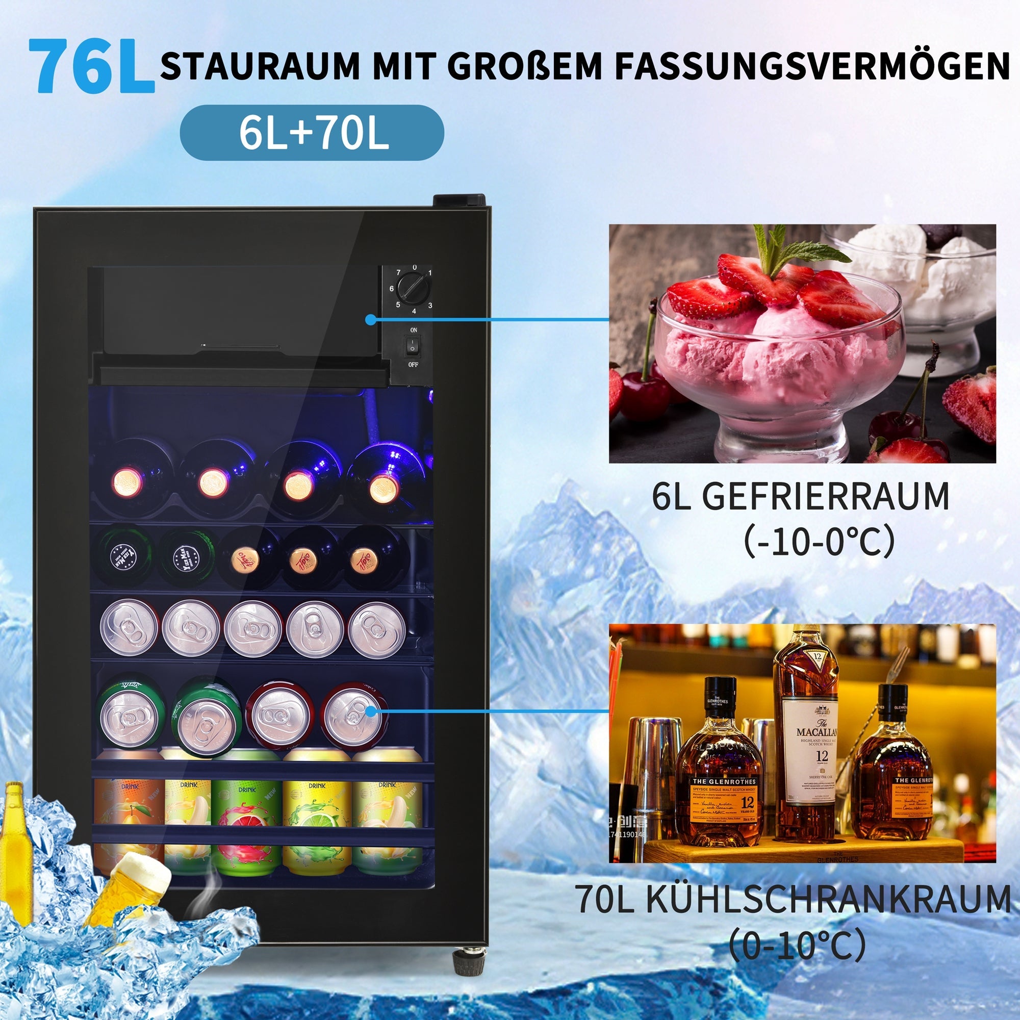 Logidon 76L minikoelkast Zwart 70L koelgedeelte, 6L vriesgedeelte, LED