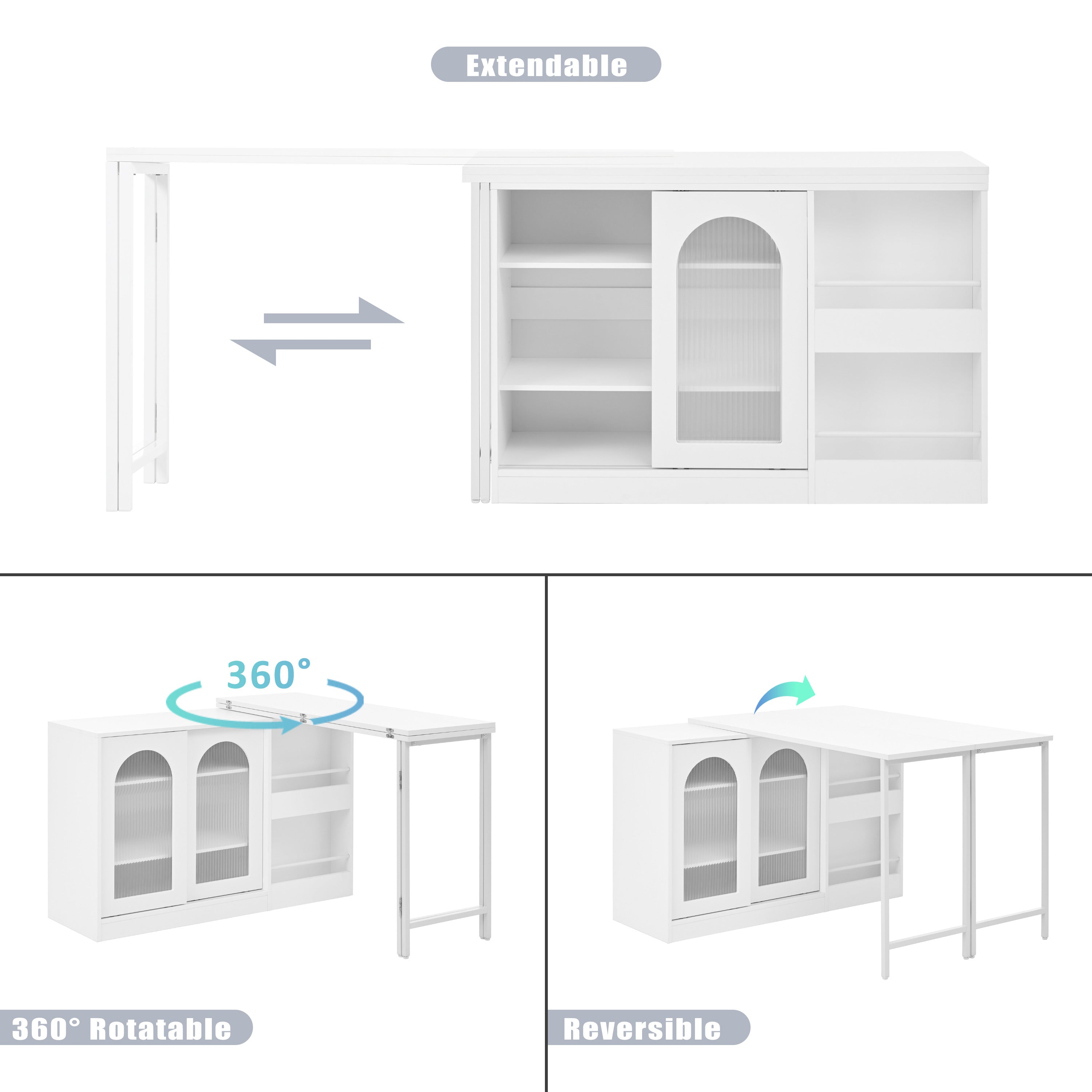 Logidon Moderne Bartafel Wit Uitschuifbaar 360 Graden Draaibaar met Opbergruimte