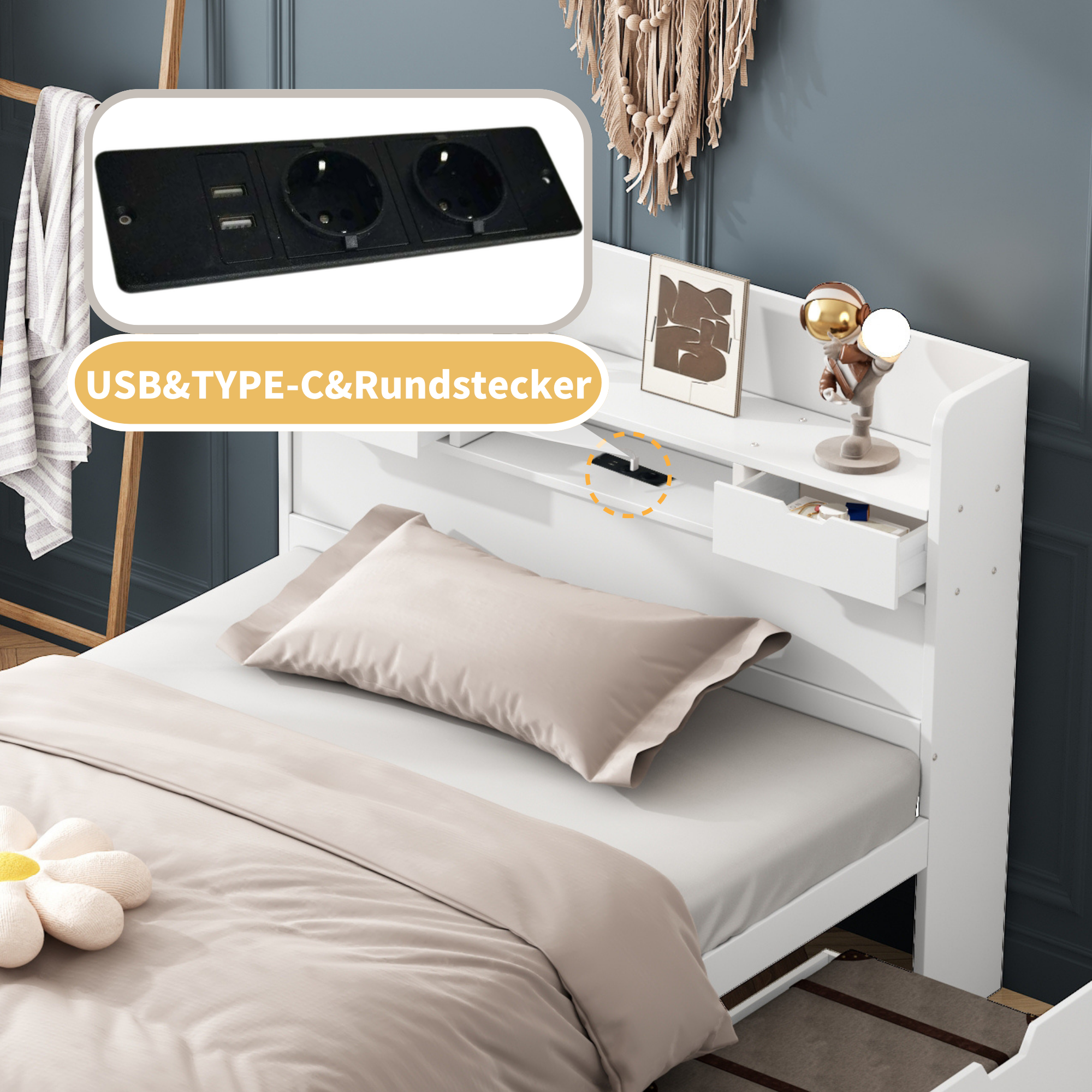 Logidon jeugd- en kinderbed 90x190 cm met USB poort opbergruimte wit