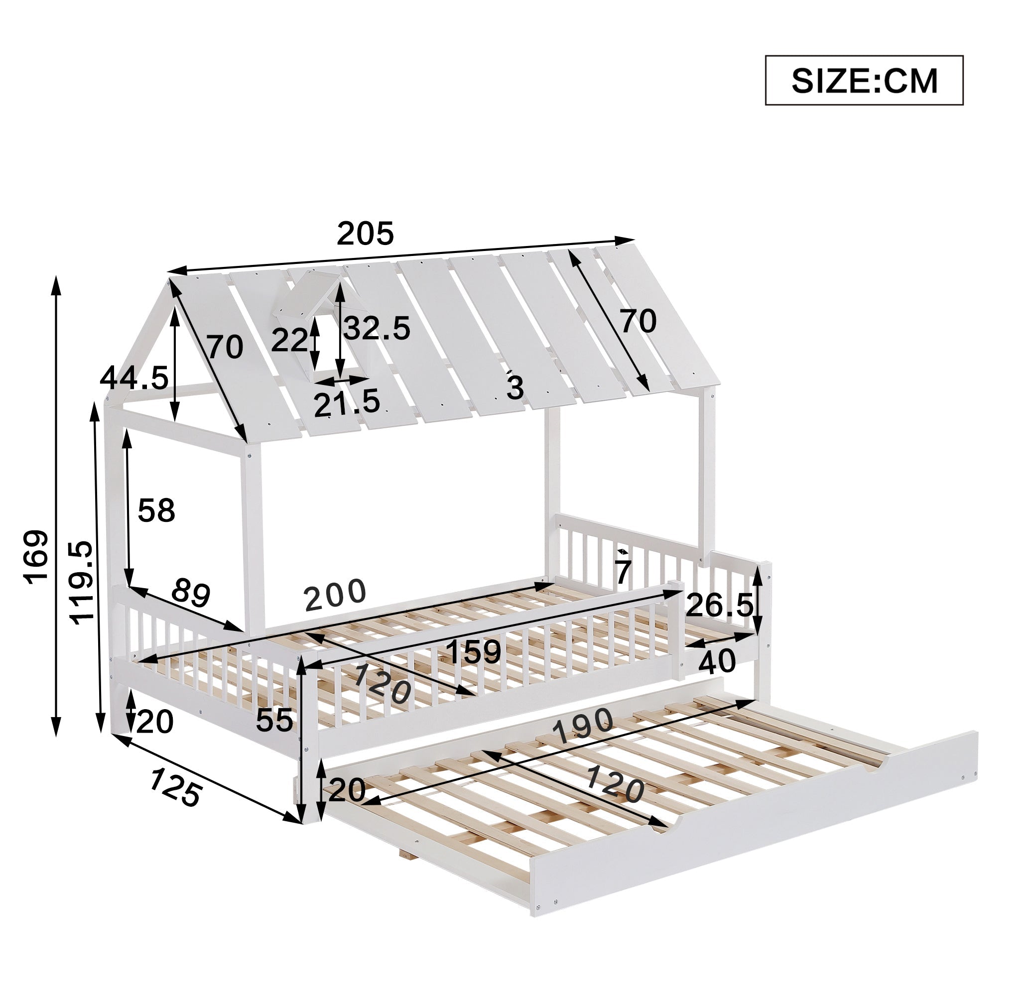 Logidon huisbed met onderschuifbed wit grenen MDF 120x200/190