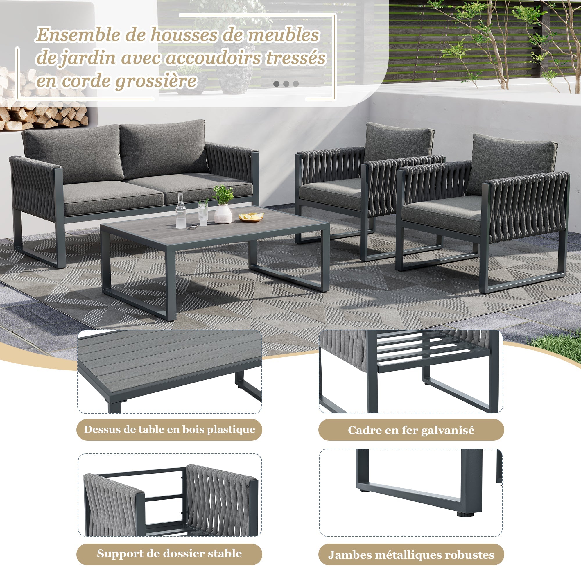 Logidon Tuinloungeset Grijs Touw met Gegalvaniseerd Ijzeren Frame Set van 4