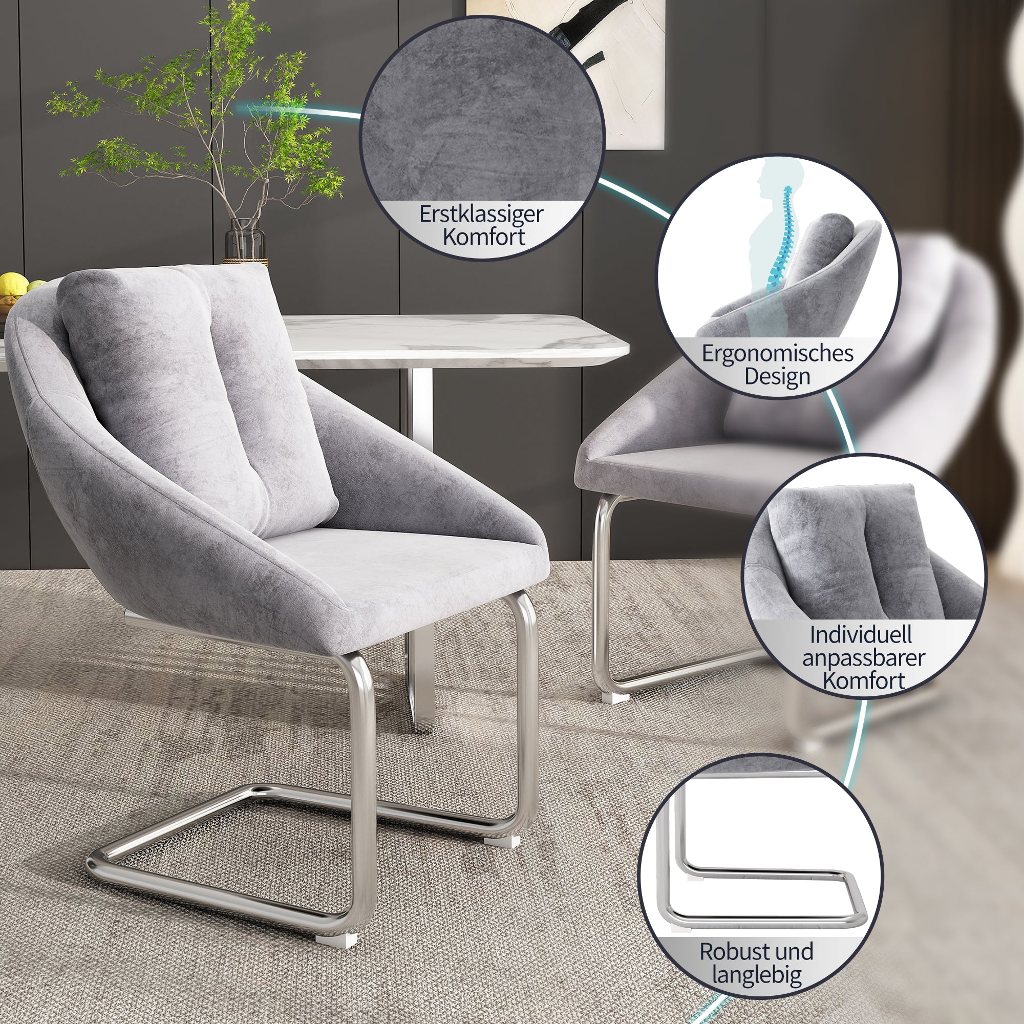 Logidon grijze fluwelen stoelenset metalen frame twee ergonomische eetkamerstoelen