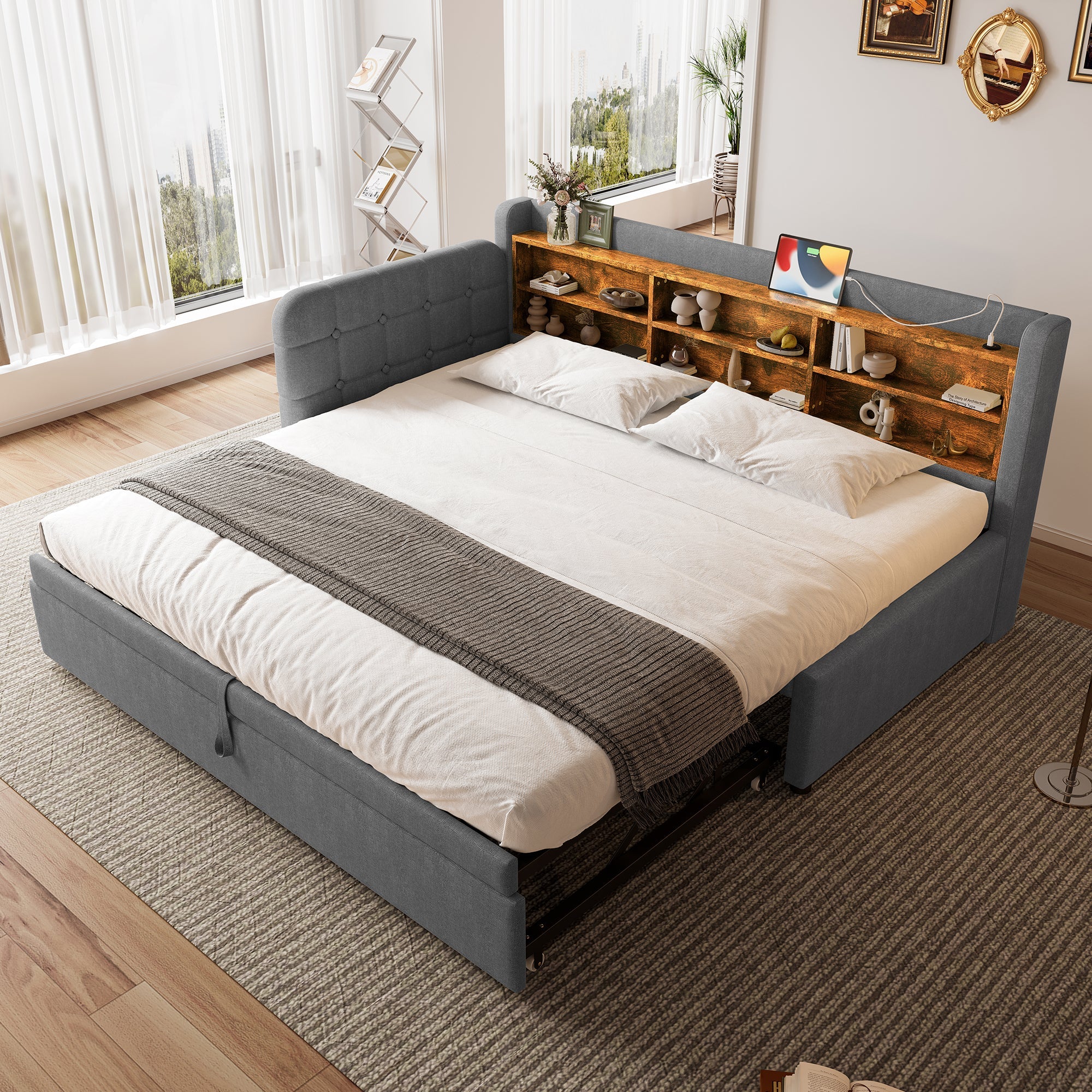 Logidon Daybed 90x200cm grijs linnen uitschuifbare slaapbank USB Type C