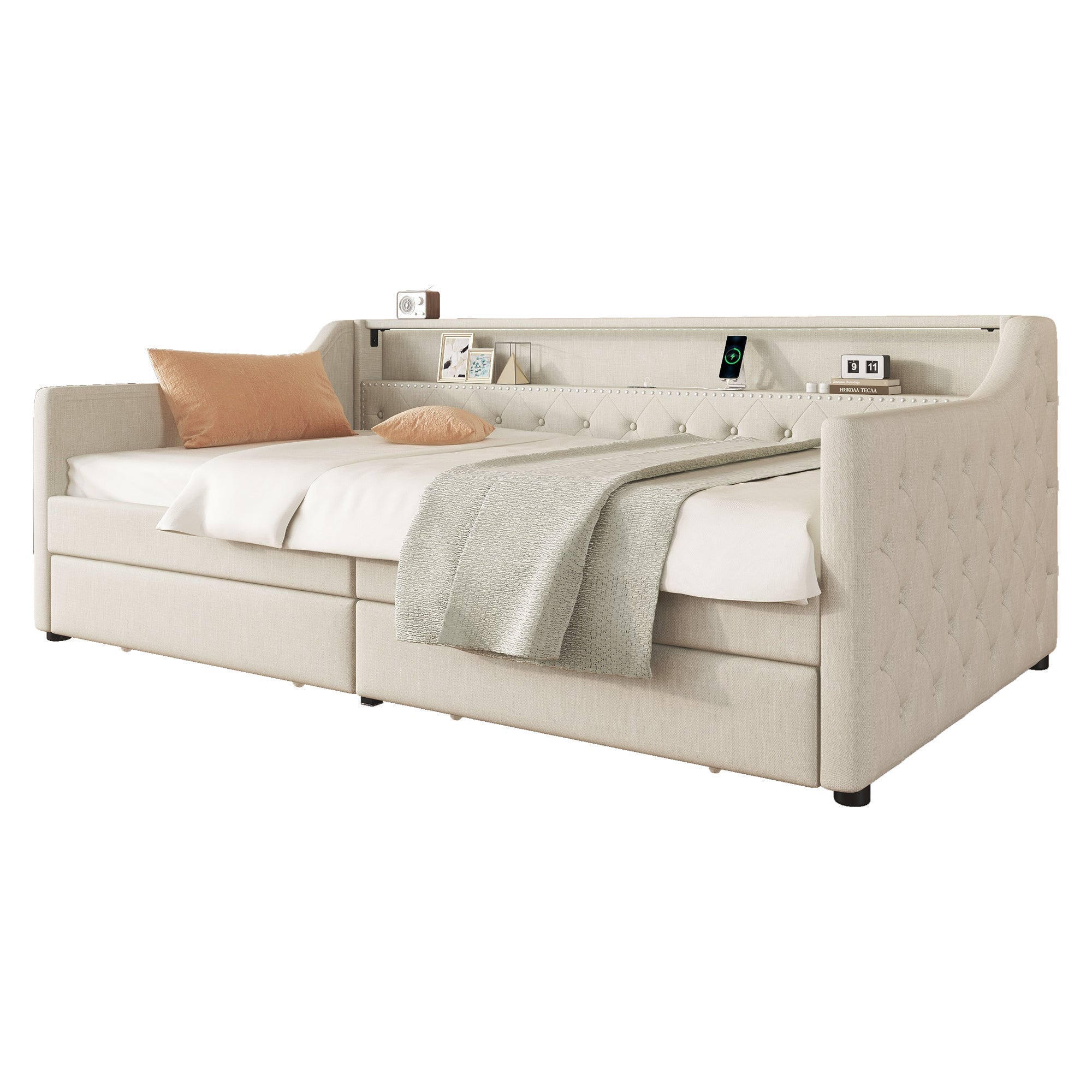 Logidon Daybed 90x200 beige slaapbank met lattenbodem USB-oplaadaansluiting