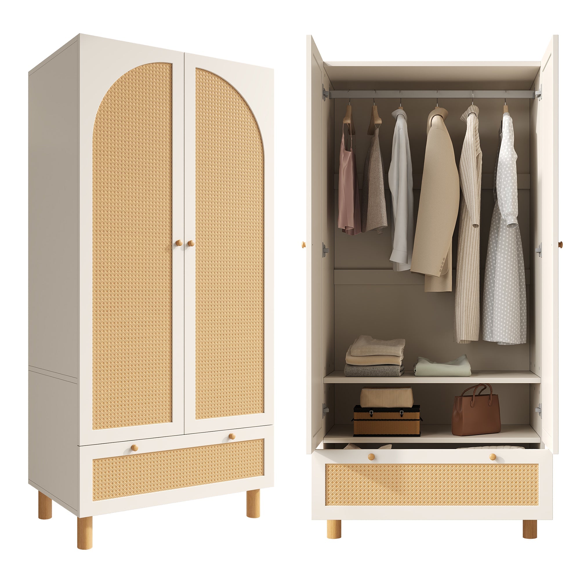 Logidon kledingkast wit met rotan deuren 180x85x52 cm landelijke stijl