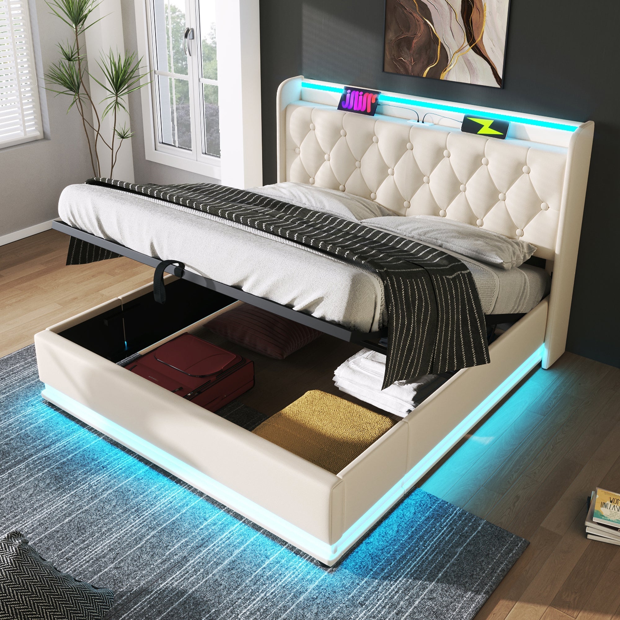 Logidon upholstered bed double bed 360 LED function 140x200 white PU