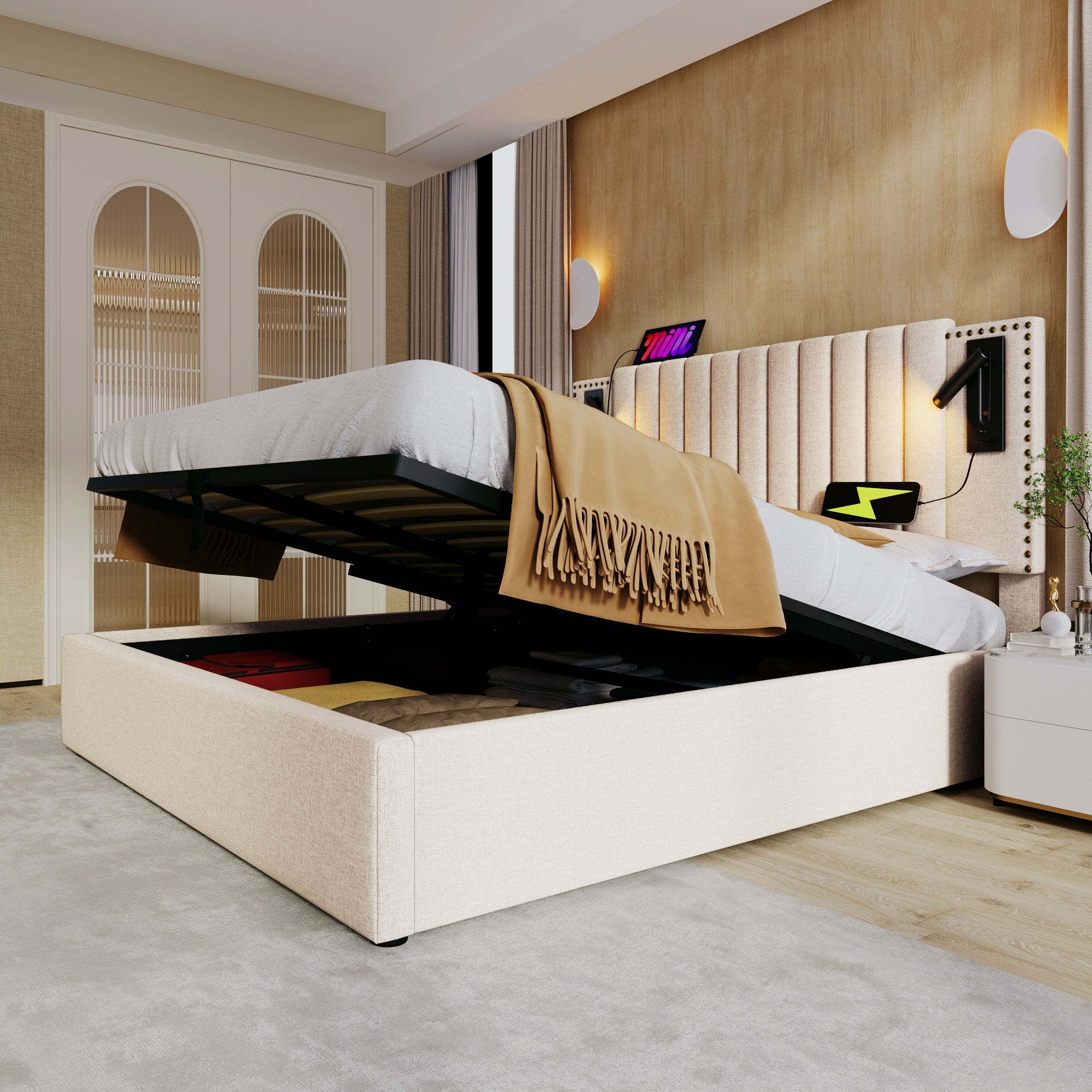 Logidon gestoffeerd bed 160x200 beige met opbergruimte en USB-leeslamp