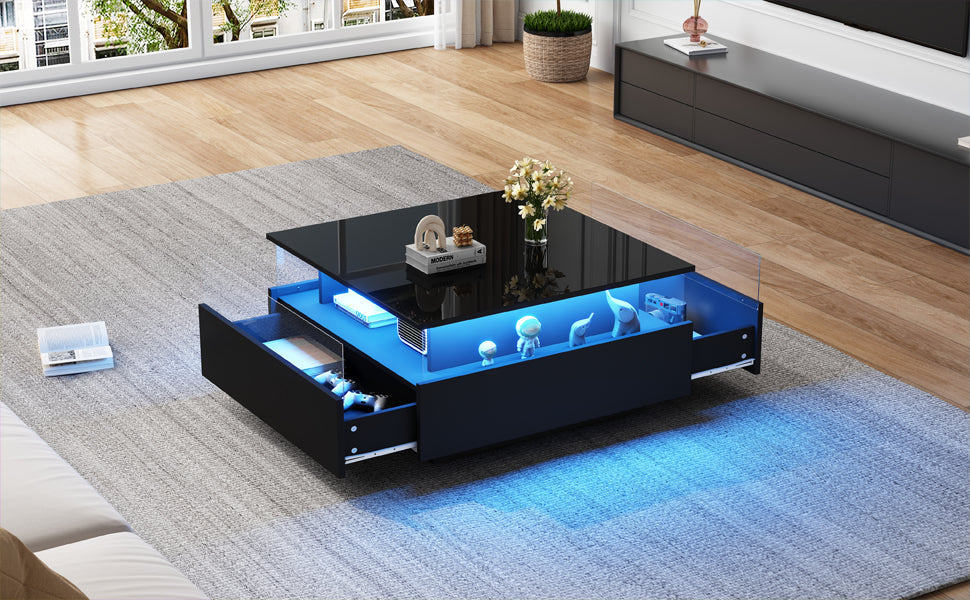 Logidon hoogglans LED salontafel 90x55x45 cm zwart 2 lades