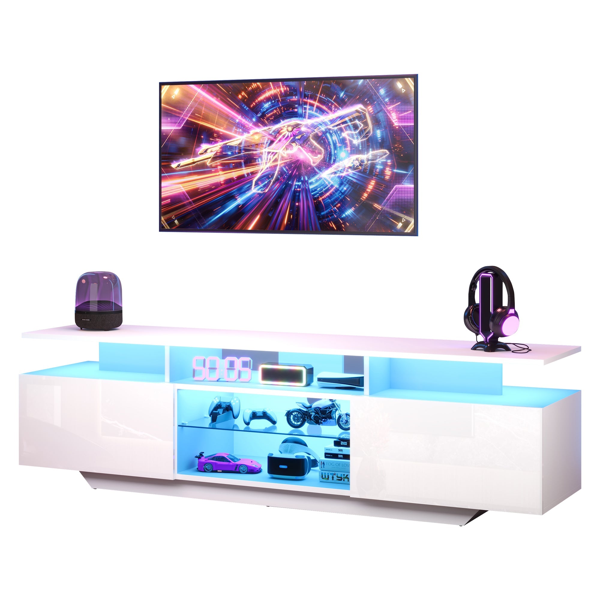 Logidon TV-meubel hoogglans wit 160 x 40 x 45 cm met LED lichtstrip glasplanken
