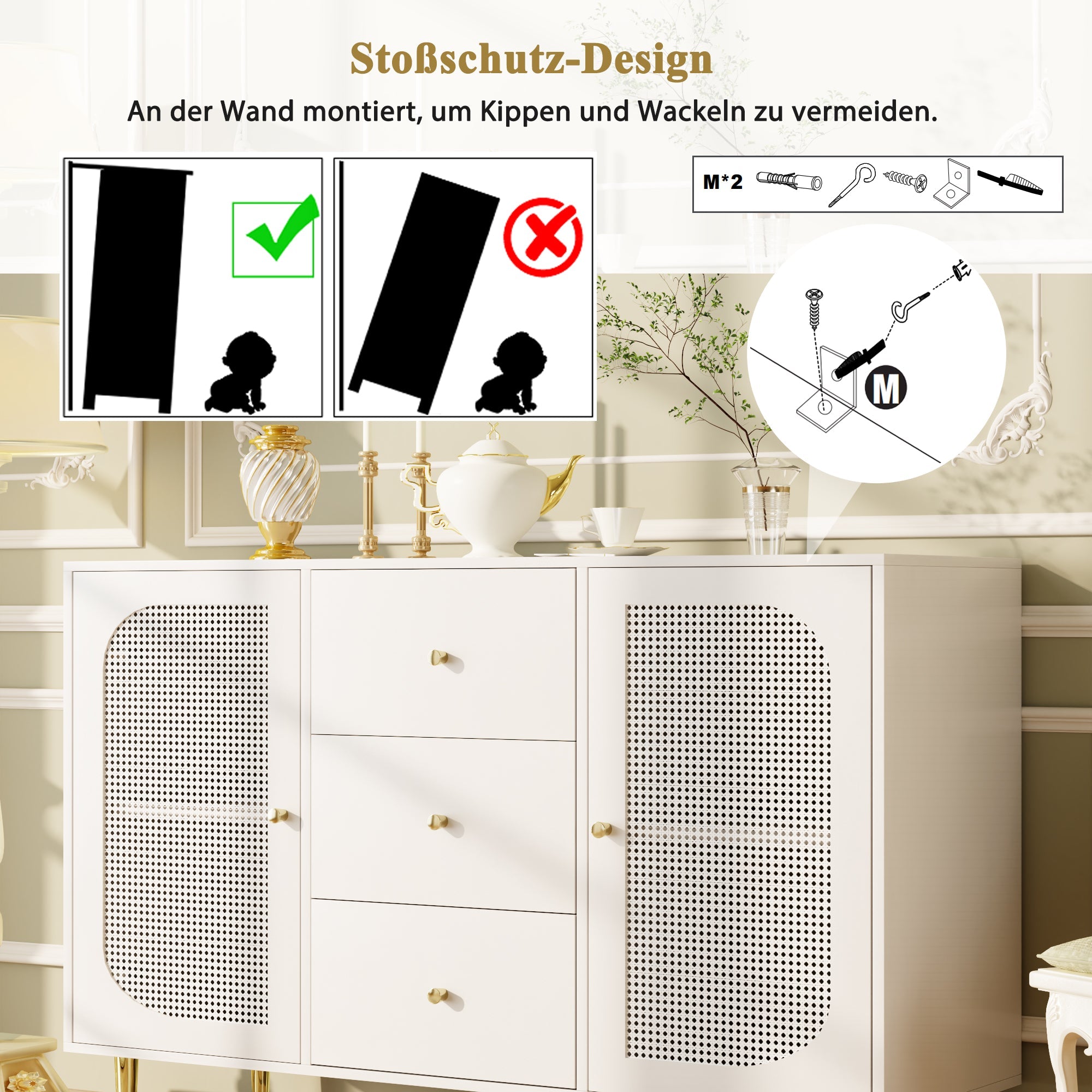 Logidon dressoir met rotan deuren wit 120 x 40 x 90 cm