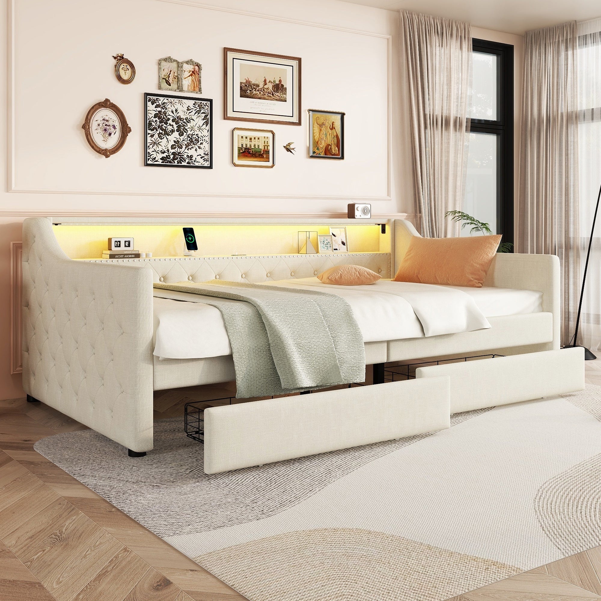 Logidon Daybed 90x200 beige slaapbank met lattenbodem USB-oplaadaansluiting