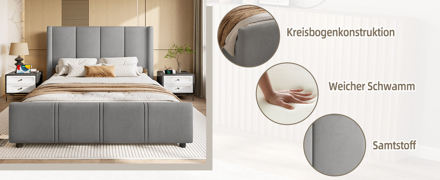Logidon gestoffeerd bedframe 140x200 cm grijs met USB aansluiting