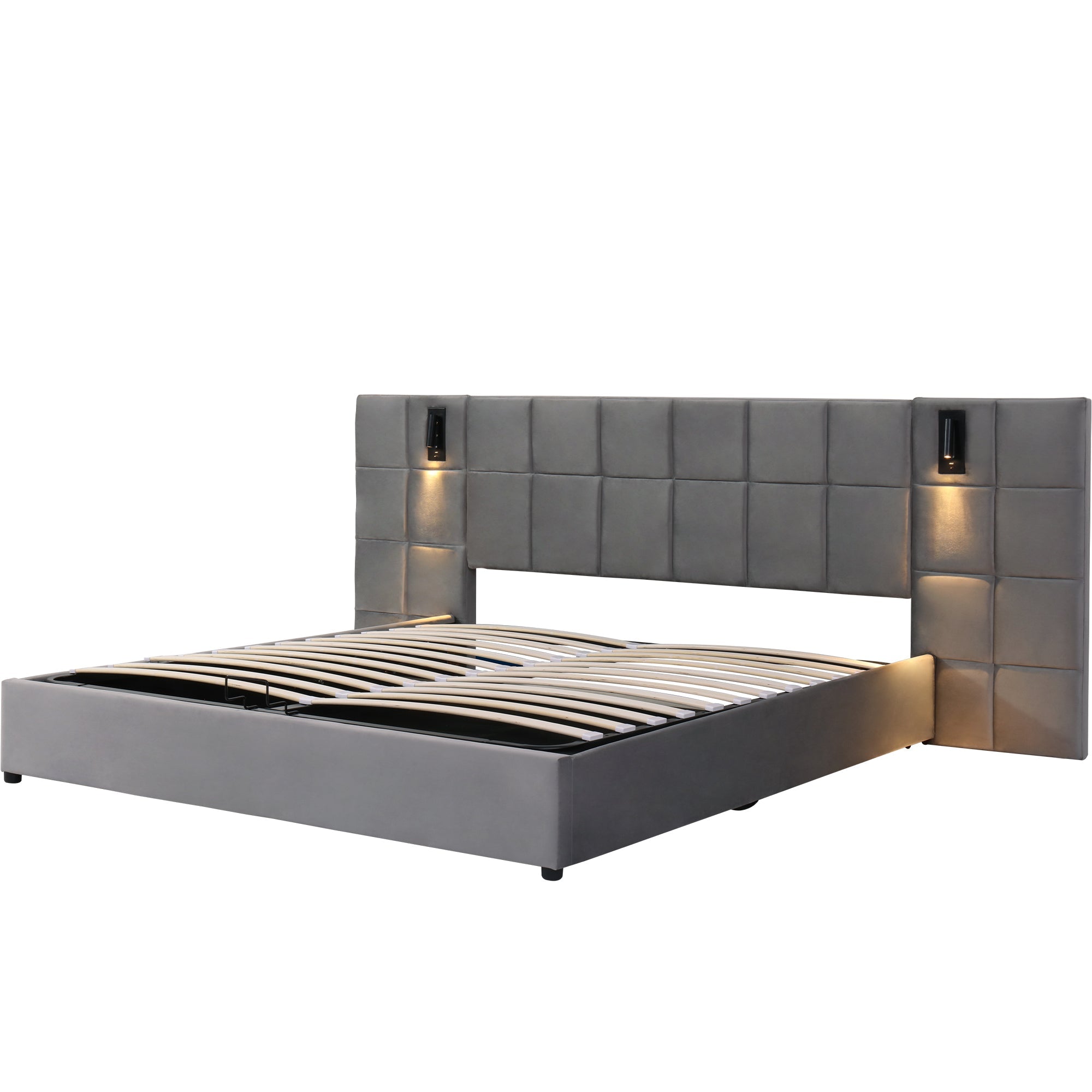 Logidon upholstered bed 160x200 cm gray velvet with storage space reading lamp USB