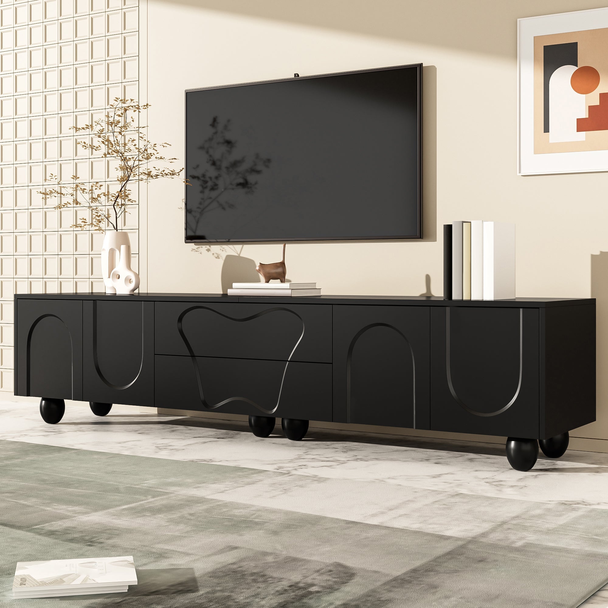 Logidon TV-meubel 180 cm Zwart Modern Kast met Houten Poten